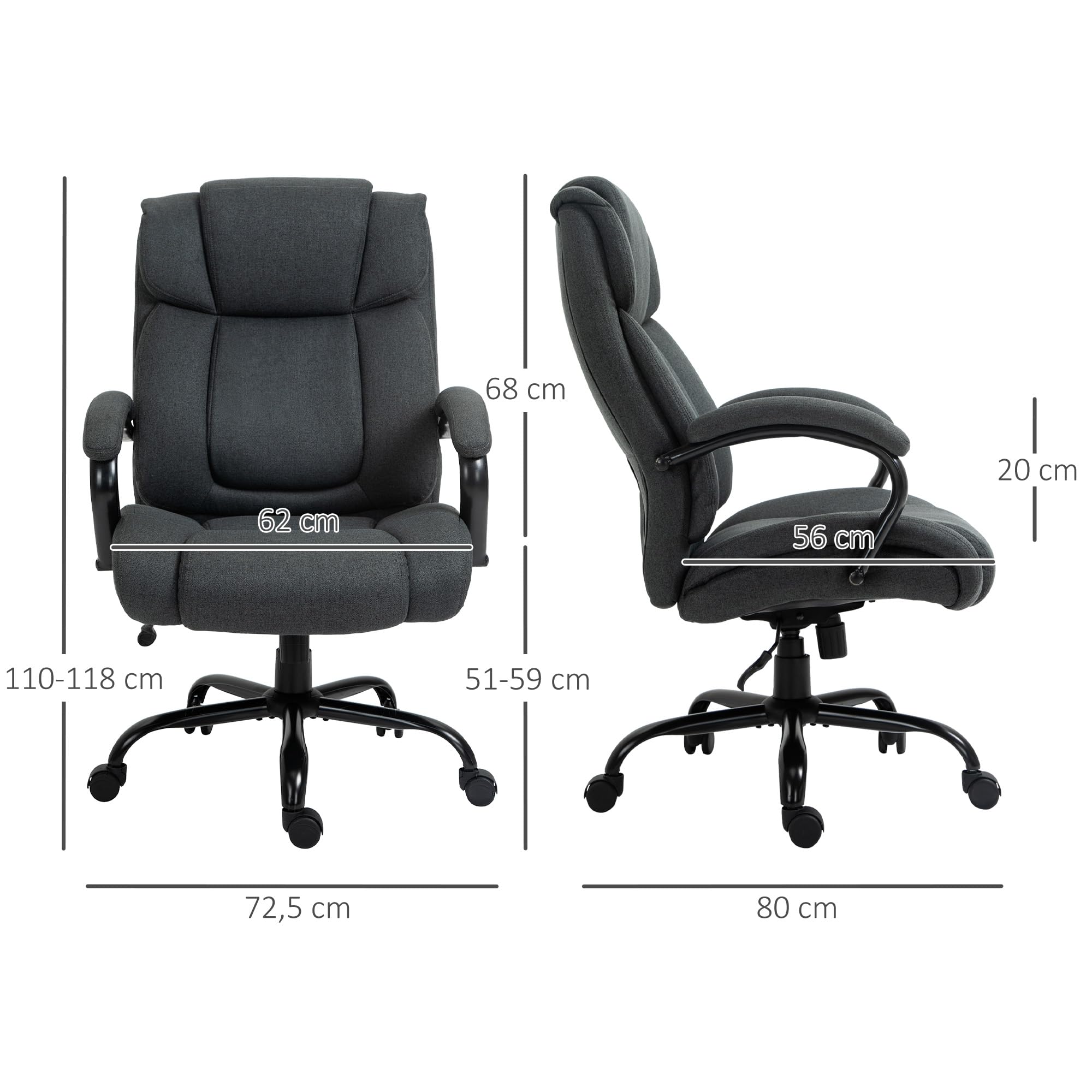 Vinsetto Bürostuhl, Ergonomischer Chefsessel bis 220 kg belastbar, Gepolsterter Schreibtischstuhl mit Armlehne, breit Sitz, Höhenverstellbarer Drehstuhl mit Wippfunktion, Leinenoptik, Dunkelgrau