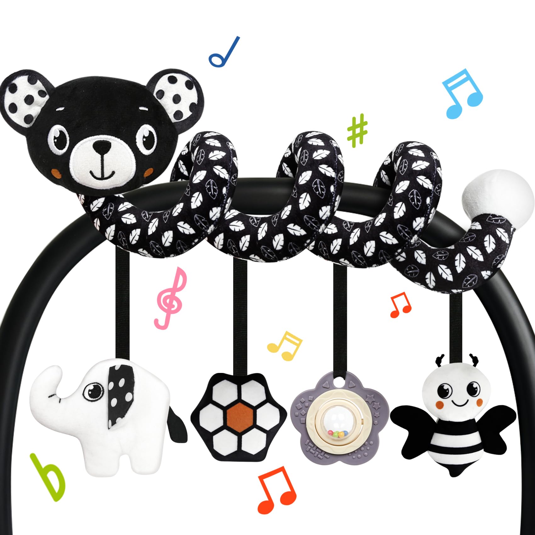 TSYAN Car Seat Toys for Babies 0-6 Months,Hanging Rattle Toys for Crib Mobile, Baby Spiral Hanging Stroller Black and White High Contrast Toys for Newborn 0 3 6 9 12 Months Baby Boys Girls (Bear)