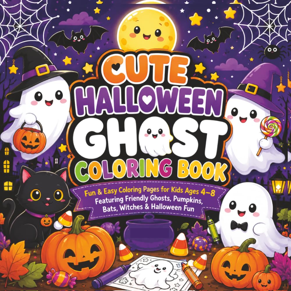 Cute Halloween Ghost Coloring Book: Fun & Easy Spooky Ghosts, Pumpkins, Bats, Witches, Haunted Houses, Candy & Halloween Coloring Pages for Boys and Girls