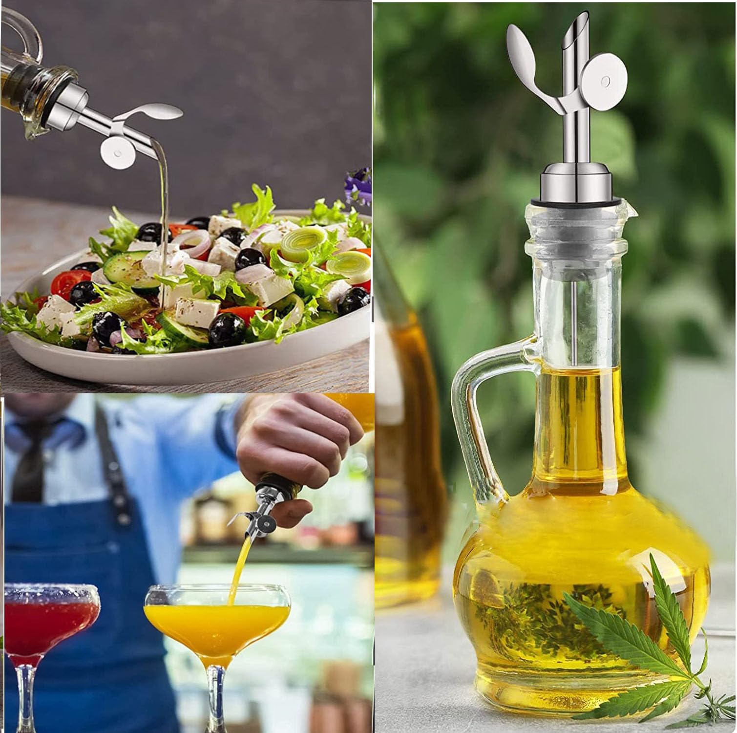3 boquillas dispensadoras de aceite de oliva, boquillas para verter alcohol de acero inoxidable con peso, boquillas de vertido automático de licor para aceite de oliva y vinagre líquido 6