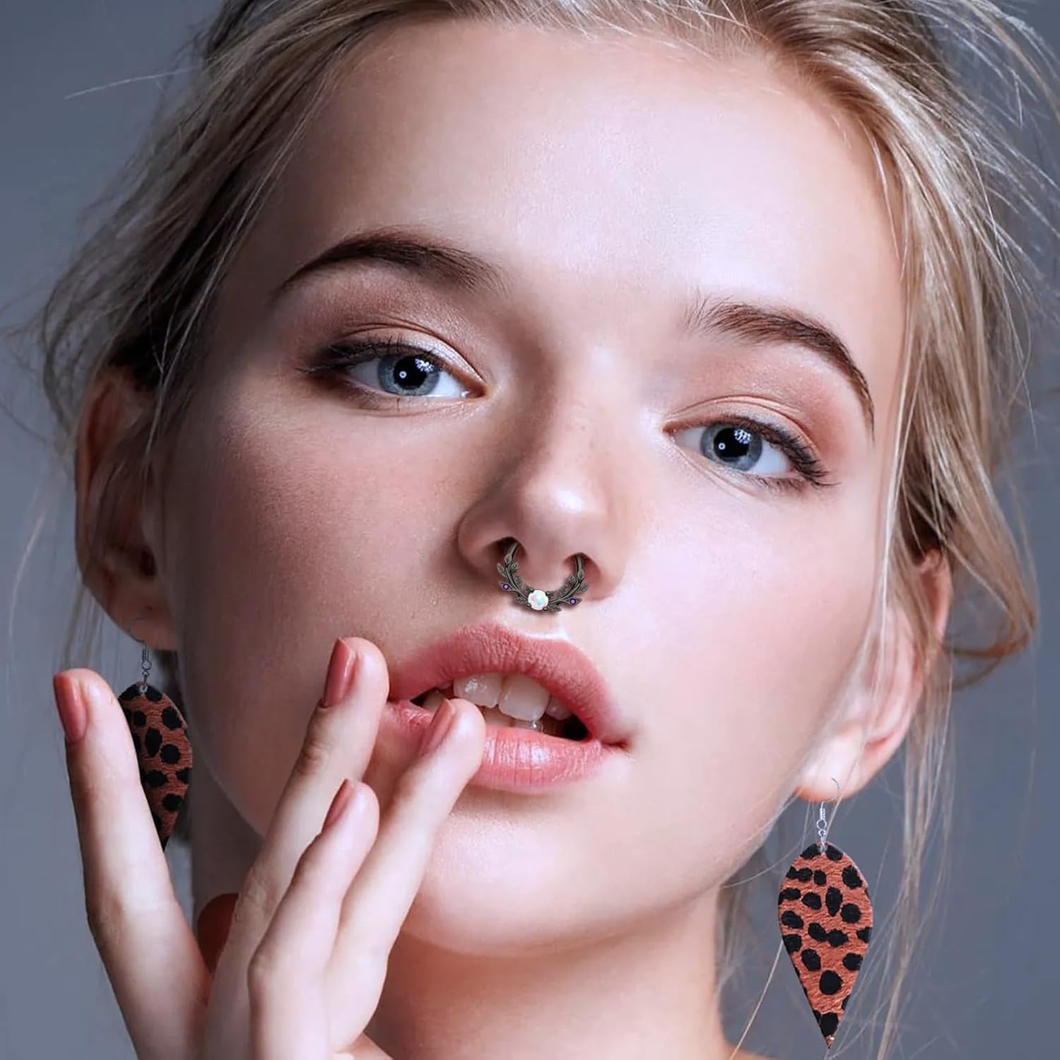 Melighting Opal Septum Ring 16G Vine Septum Jewelry Stainless Steel 316L Septum Piercing 10mm Daith Piercing Jewelry 8mm Conch Helix Earring Cartilage Earring for Women - Image 2