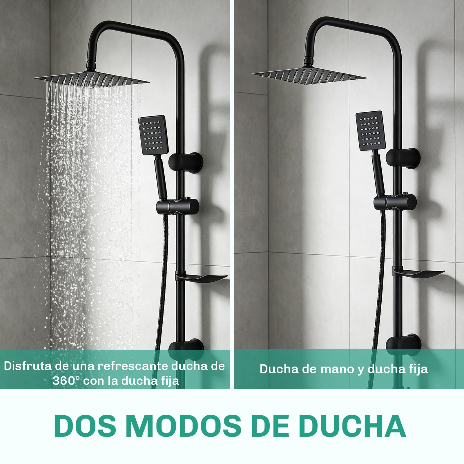 Columna Ducha Senza Miscelatore, Columna Ducha Completo con Rociador Ducha 20×20 cm Cuadrado y Ducha de Mano y Manguera, Regulable 92cm, Acero Inox, Negro