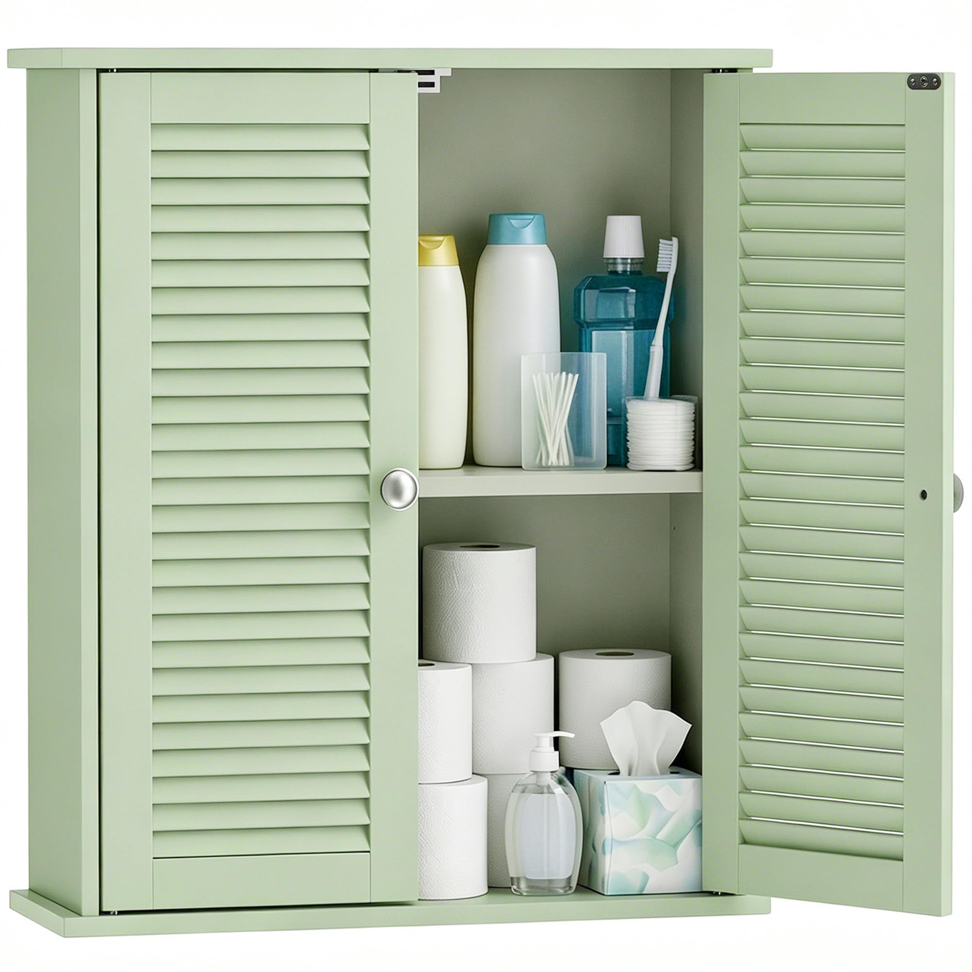 HOMCOM Bathroom Wall Cabinet Wall-Mounted with Louvered Doors Light Green