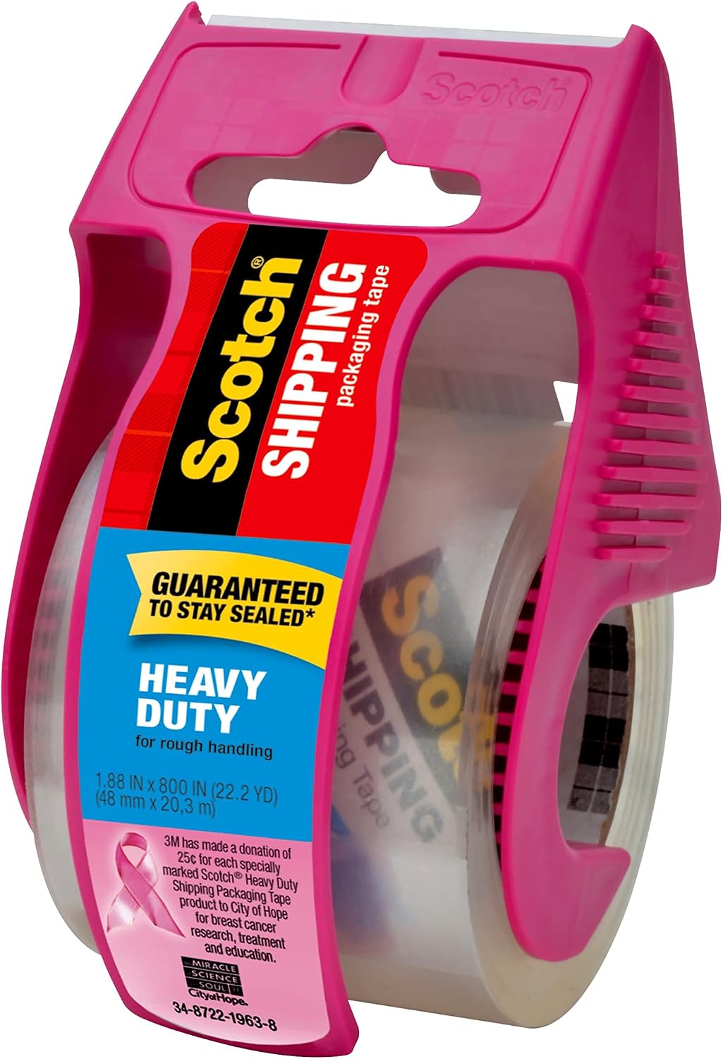 Scotch Heavy Duty Packaging Tape, 1.88" x 22.2 yd, Designed for Packing, Shipping and Mailing, Strong Seal on All Box Types, 1.5" Core, Clear, 1 Roll with Pink Dispenser (142-PC)
