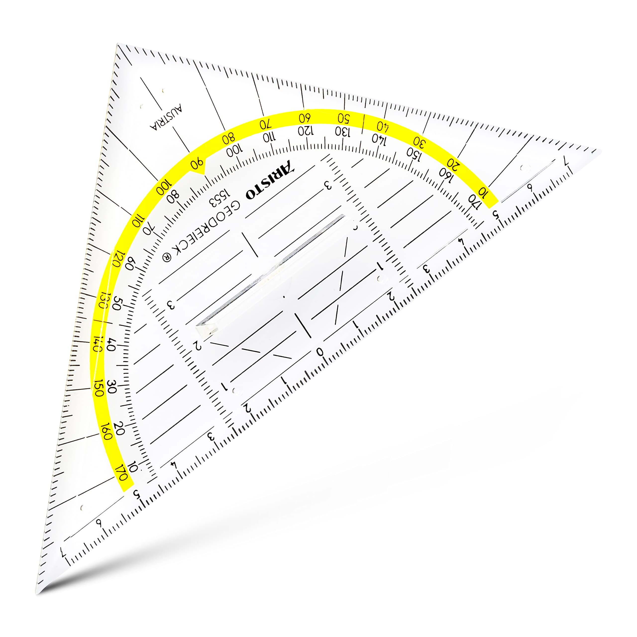 Aristo AR1553 Geodreieck mit festem Griff (Hypotenuse 16 cm, Tuschenoppen, Facette an der Hypotenuse, Plexiglas mit Tiefenprägung, Made in Austria) transparent, 10 Stück