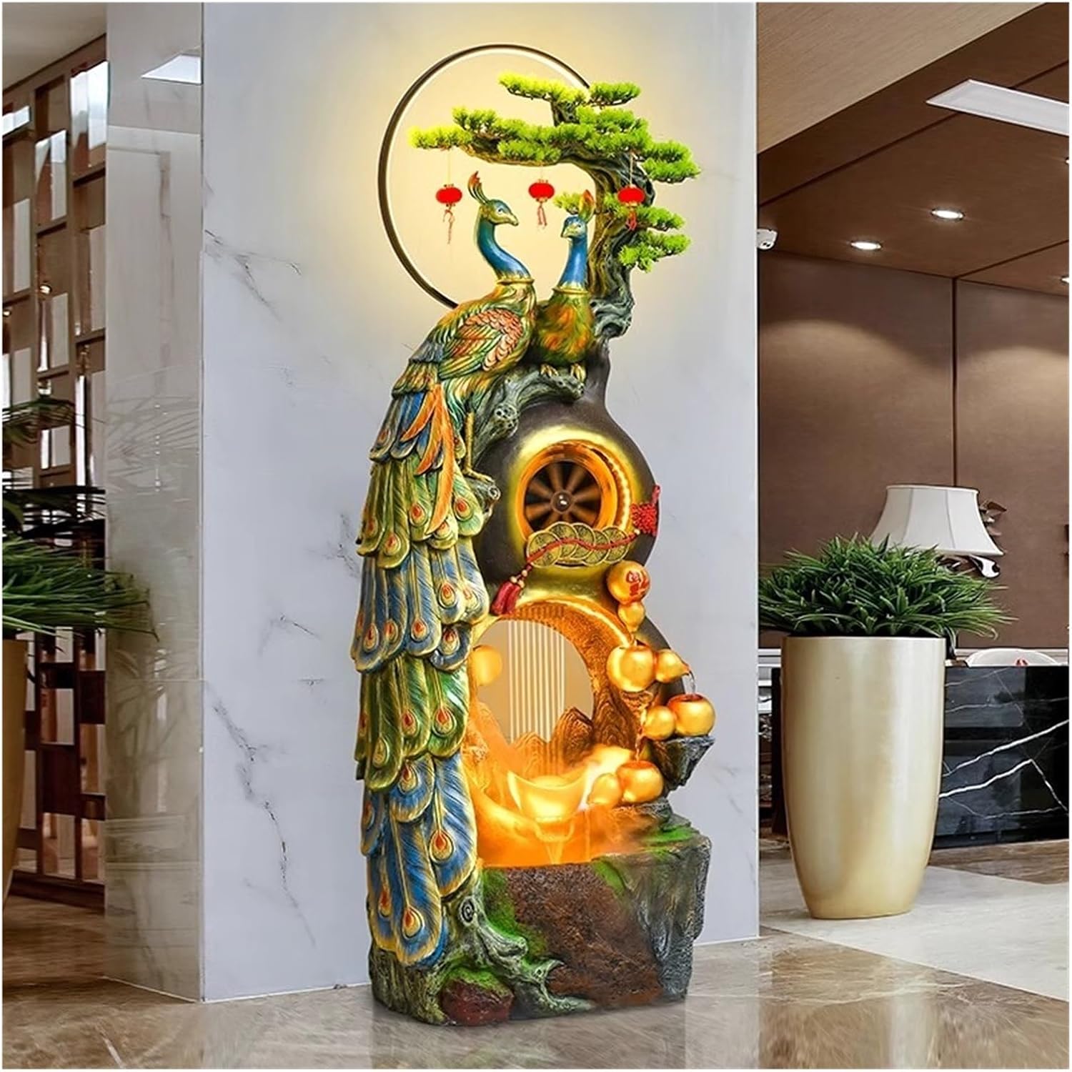 Floor Water Fountain Freestanding Water Fountain - In the Shape of a Fortune Gourd, Including Simulated Greenery, LED Lights and Crystal Ball, Modern Design for Home and Garden Decoration, Floor Stand