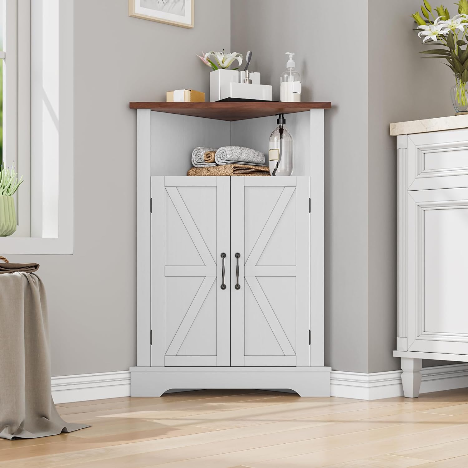 Bathroom Corner Cabinet,Farmhouse Floor Corner Cabinet with Doors and Adjustable Shelves, Freestanding Wooden Storage Hutch Cupboard for Bathroom, Kitchen, Living Room, White White 12.2"D x 23.4"W x 34"H