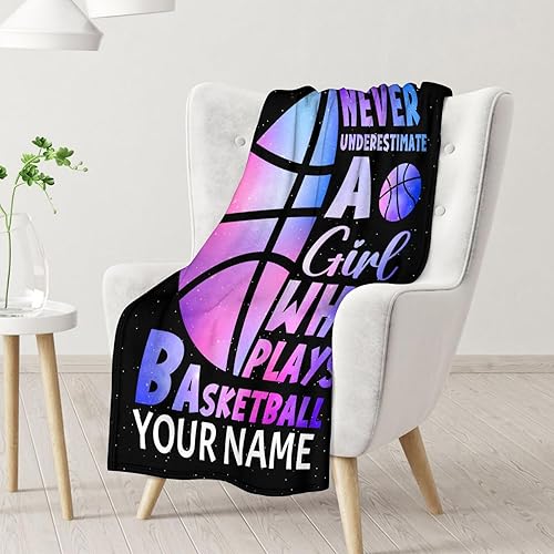 Miniatura 2 de Manta de baloncesto personalizada con nombre, manta deportiva de 50 x 60 pulgadas para niñas, mantas de felpa suave color morado para cama, sofá