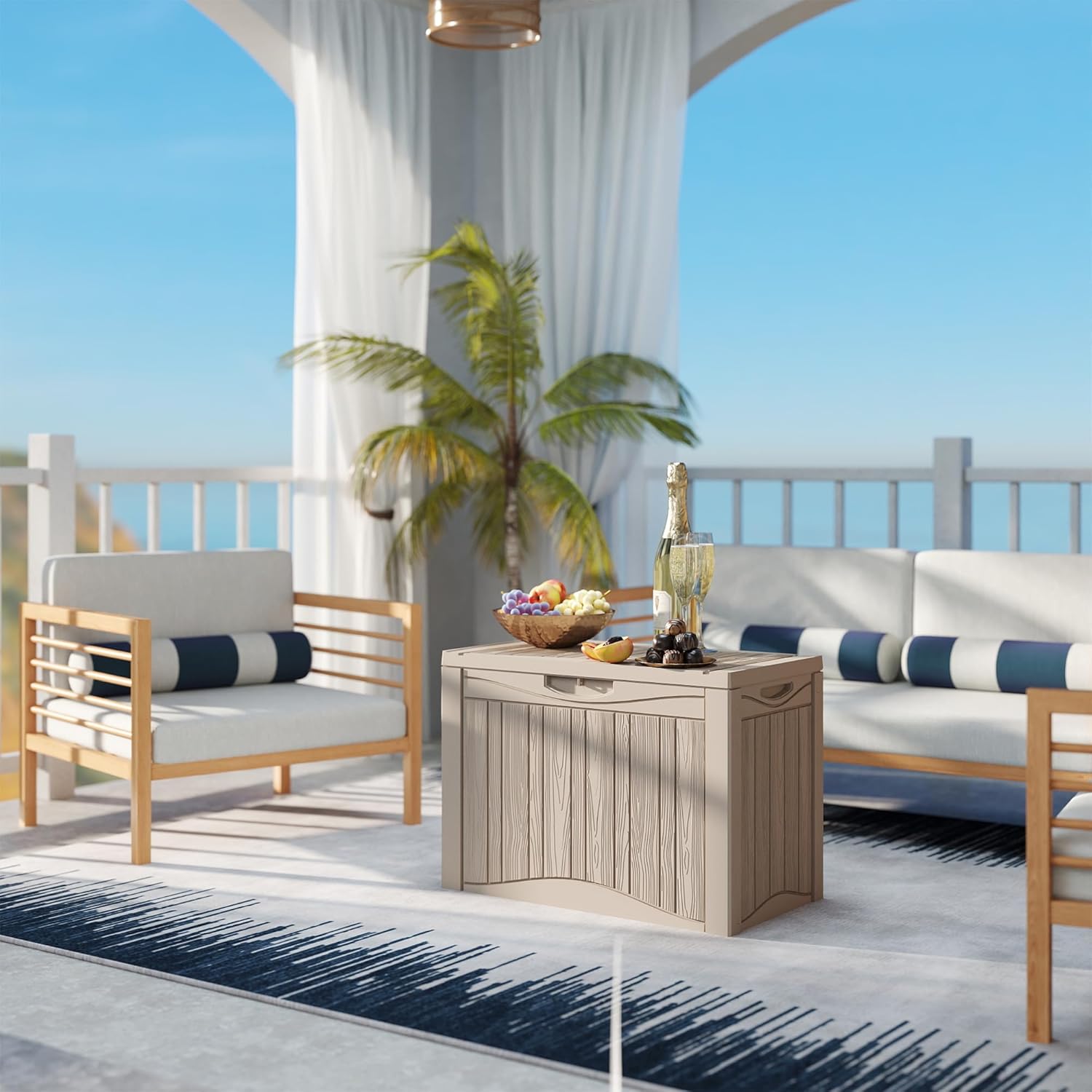 Outdoor Storage Box, 50 Gallon Plus Resin Deck Box Waterproof for Patio, Poolside and Garden, Lockable UV-Resistant Storage Bin Bench Cabinet for Small Spaces, Grey