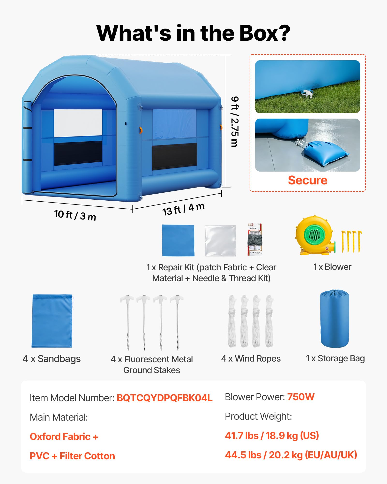 VEVOR Nadmuchiwana kabina malarska 4 x 3 x 2,75 m kabina natryskowa, dmuchawa 750 W, system filtrów, mocowanie za pomocą kołków do worków piaskowych strun wiatrowych, przenośna torba do przechowywania
