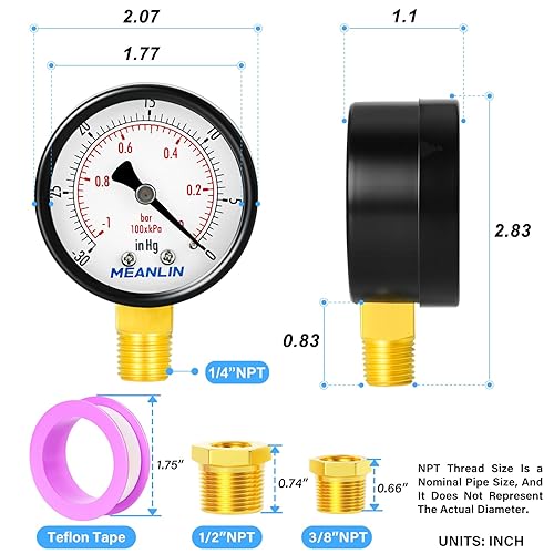 Miniatura 2 de MEANLIN MEASURE -30inHG  0Psi Medidor de presión de vacío seco, cara de dial de 2 "14" NPT WOG prueba de presión de aire de aceite de agua, montaje