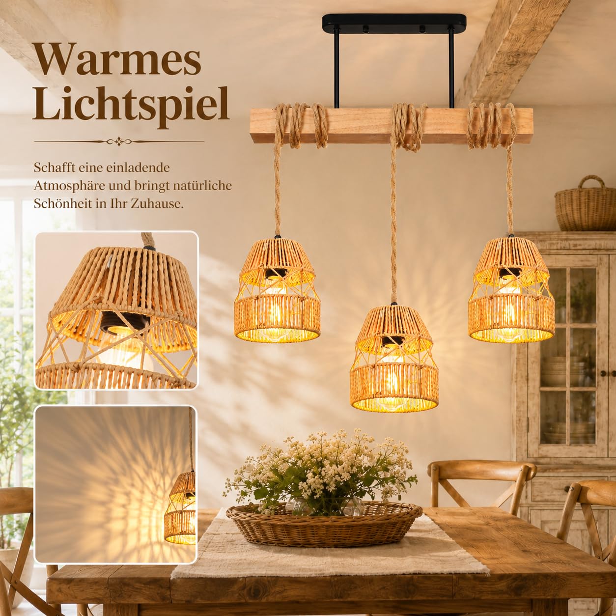 Pendelleuchte Esstisch Rattan 3-Flammig E27, Hängelampe Holz Boho Einstellbarer Winkel, Deckenlampe Boho Vintage Esstischlampe Hängend für Kücheninsel Wohnzimmer Esszimmer Landhausstil