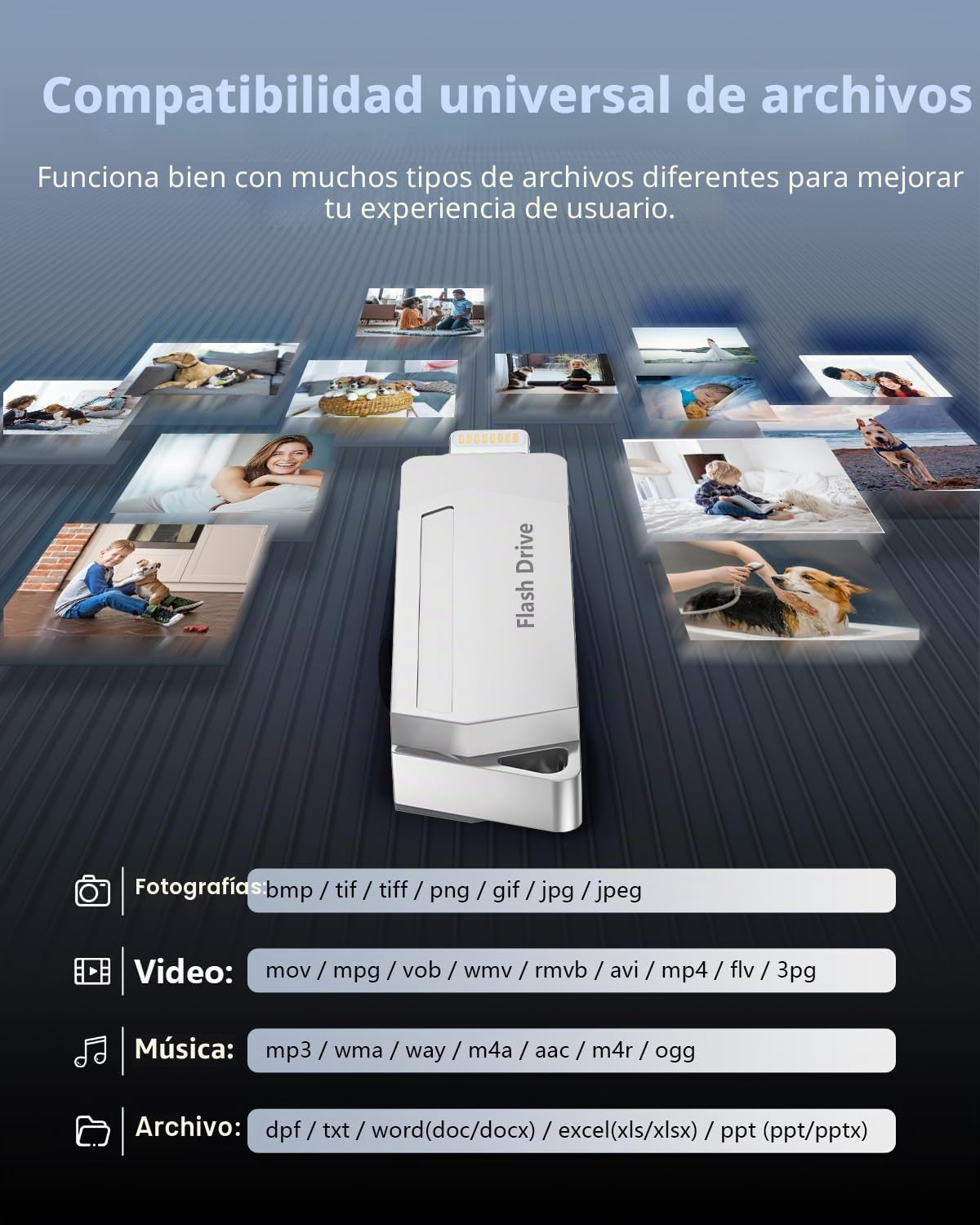 Pendrive para iPhone 256GB MFi Certified 3 en 1 Memoria USB 3.0 Lightning Memoria Externa Tipo C para iPhone/iPad/iOS/Android/Mac/PC - pendrive movil (Plata)