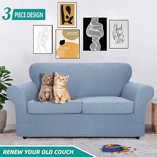 Miniatura 2 de YEMYHOM  Juego de 3 fundas a cuadros para sofá de 2 cojines, biplaza, gruesas y elásticas, protegen de perros y mascotas (azul claro), de 55 a 69