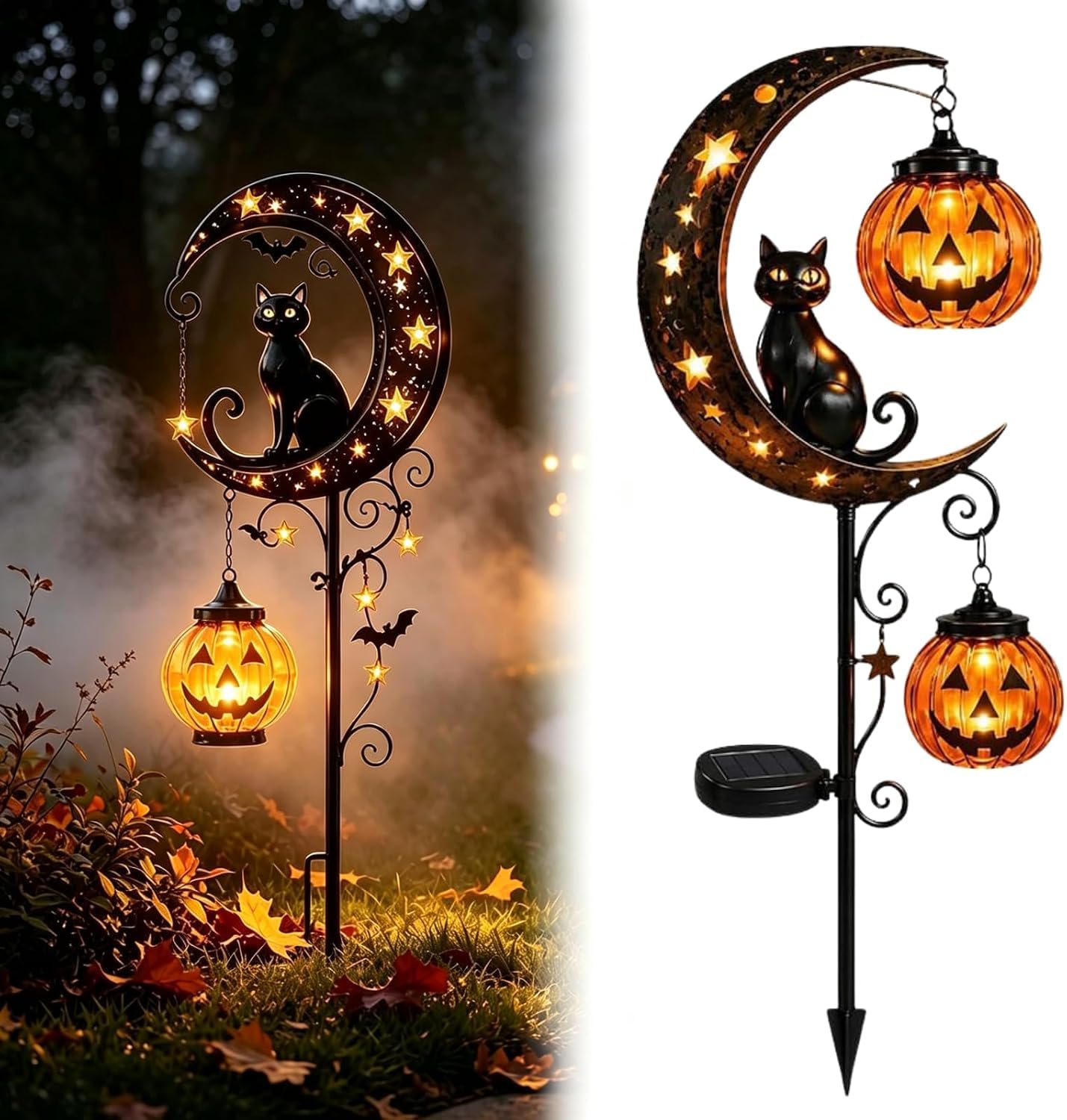 Solar Halloween Black Cat & Pumpkin Moon Garden Stake Light, Solar Pumpkin Stakes Outdoor Waterproof LED Crescent Moon Hanging Jack-o'-Lantern for Garden, Patio, Walkway