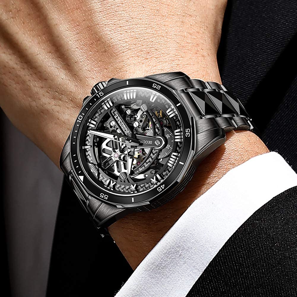 OUPINKE Reloj de pulsera automático para hombre, esqueleto plateado, esfera luminosa 3D con correa de acero de tungsteno luminosa impermeable de 5 ATM, cristal de zafiro, dos tonos, Correa negra,