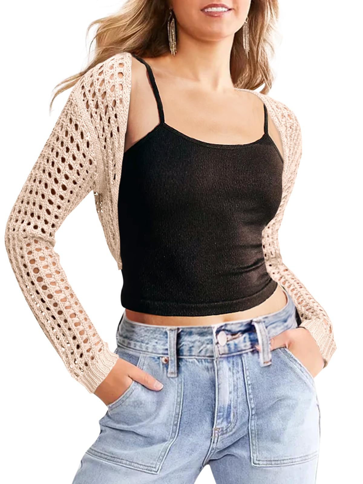 Saodimallsu Womens Crochet Bolero Shrug Sweaters Cropped Lightweight Cardigan Long Sleeve Mesh Knit Y2k Crop Tops