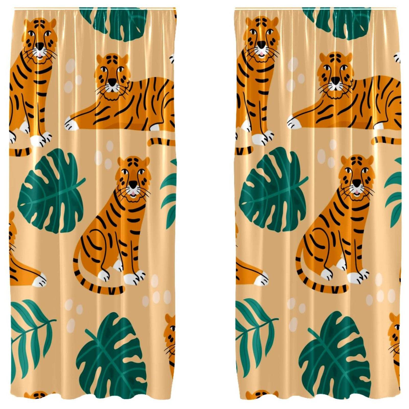 Paire de rideaux feuilles tropicales et tigres orange vert 140x213cm