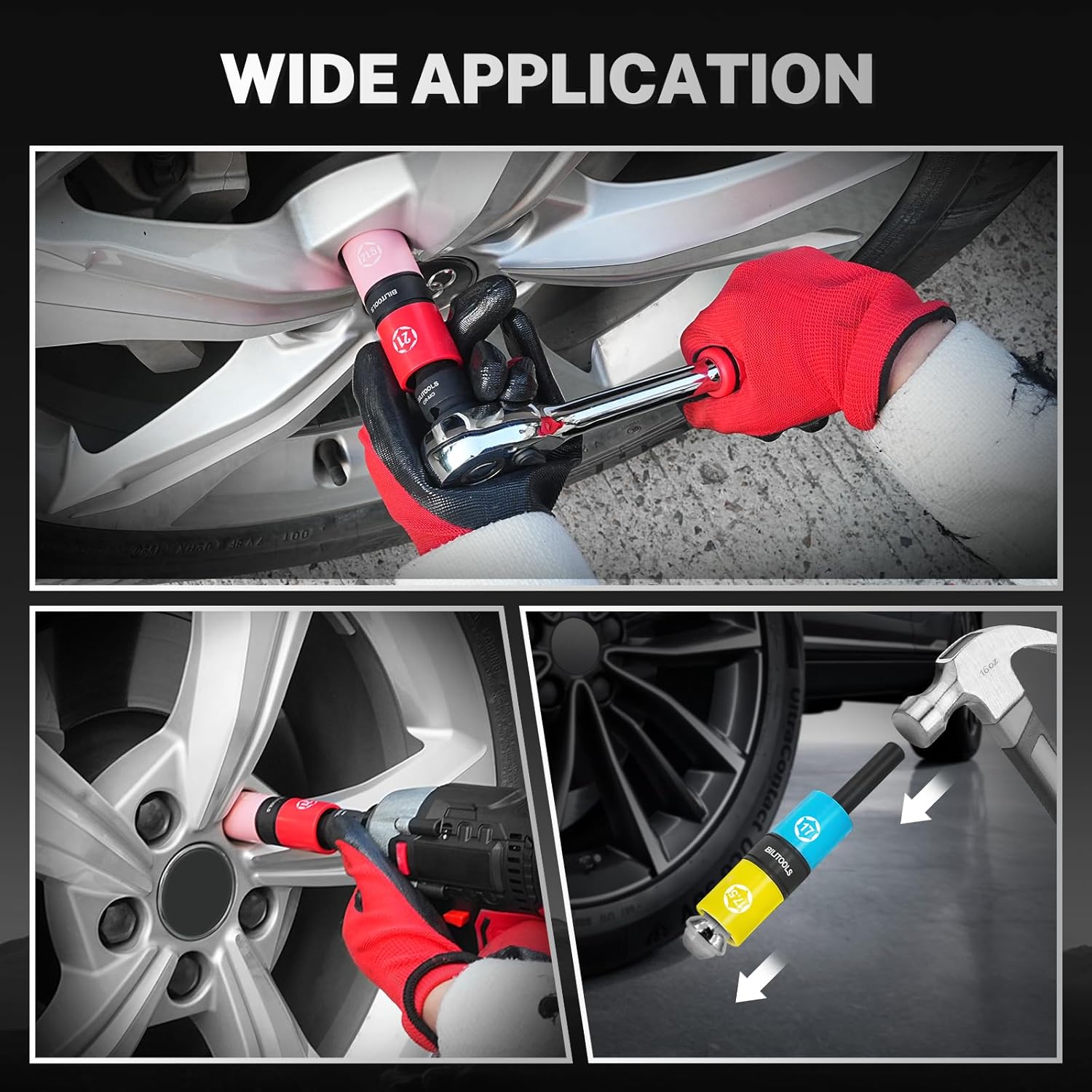 BILITOOLS Half Sizes Lug Nut Socket Set, 1/2" Thin Wall Impact Flip Sockets for Wheel lug Nuts with Non-Marring Sleeves, 17/17.5, 18.5/19.5, 19/21, 21/21.5, 22/22.5mm, Knockout Bar & Extension - Image 5