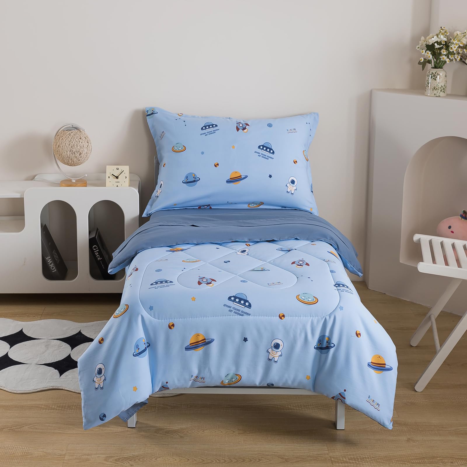 Caressma Toddler Bedding Set for Kids - Lovely Spaceship Print 4 Pieces Blue Comforter Sets, Bed in a Bag Include Comforter, Fitted Sheet, Flat Sheet &amp; Pillowcase