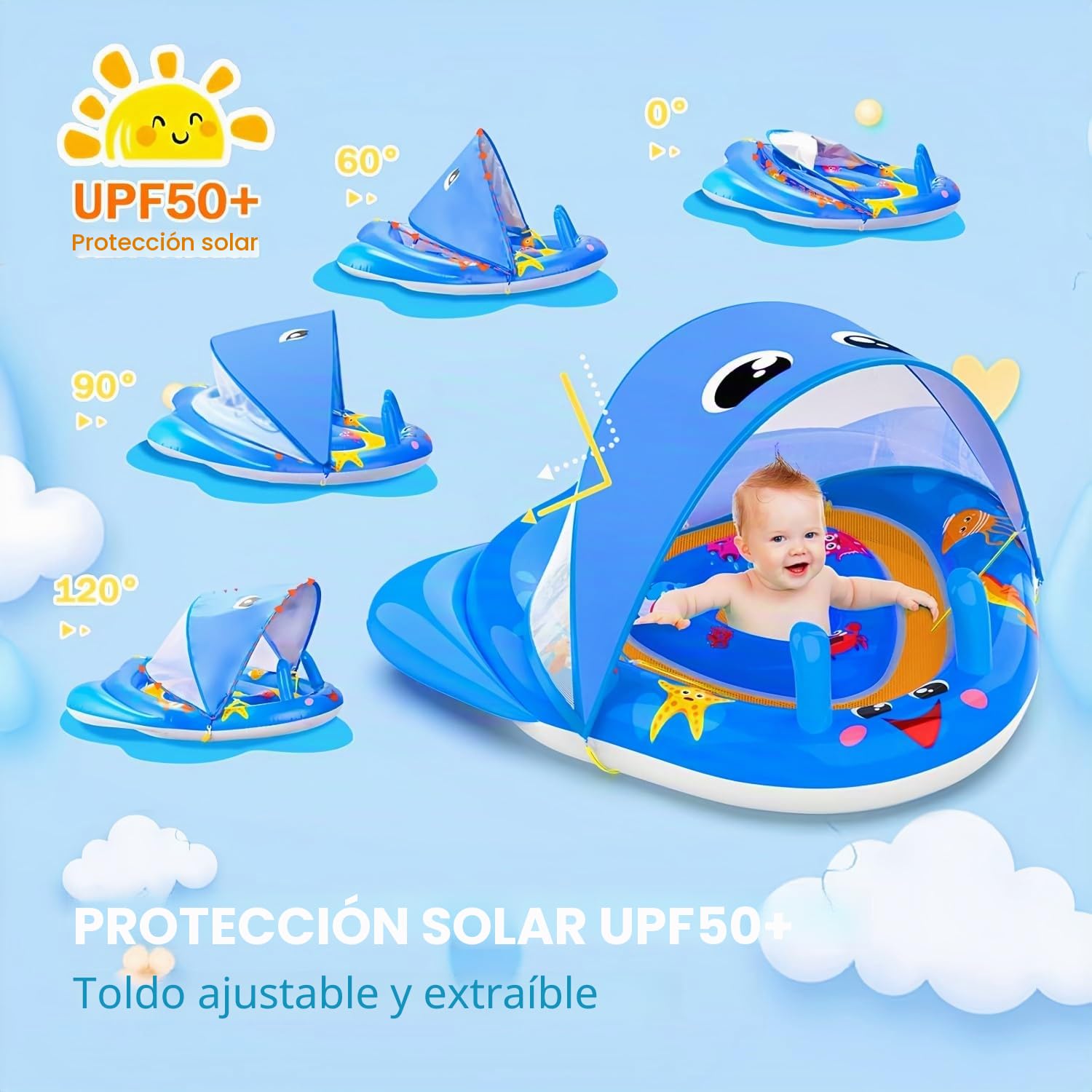 KAHEIGN Flotador de Piscina para Bebé con Toldo, 120CM x 105CM Flotador Inflable para Bebé Protección Solar UPF50+ con Asiento de Seguridad Ajustable para Recién Nacidos Niños Pequeños de 3 a 36 Meses