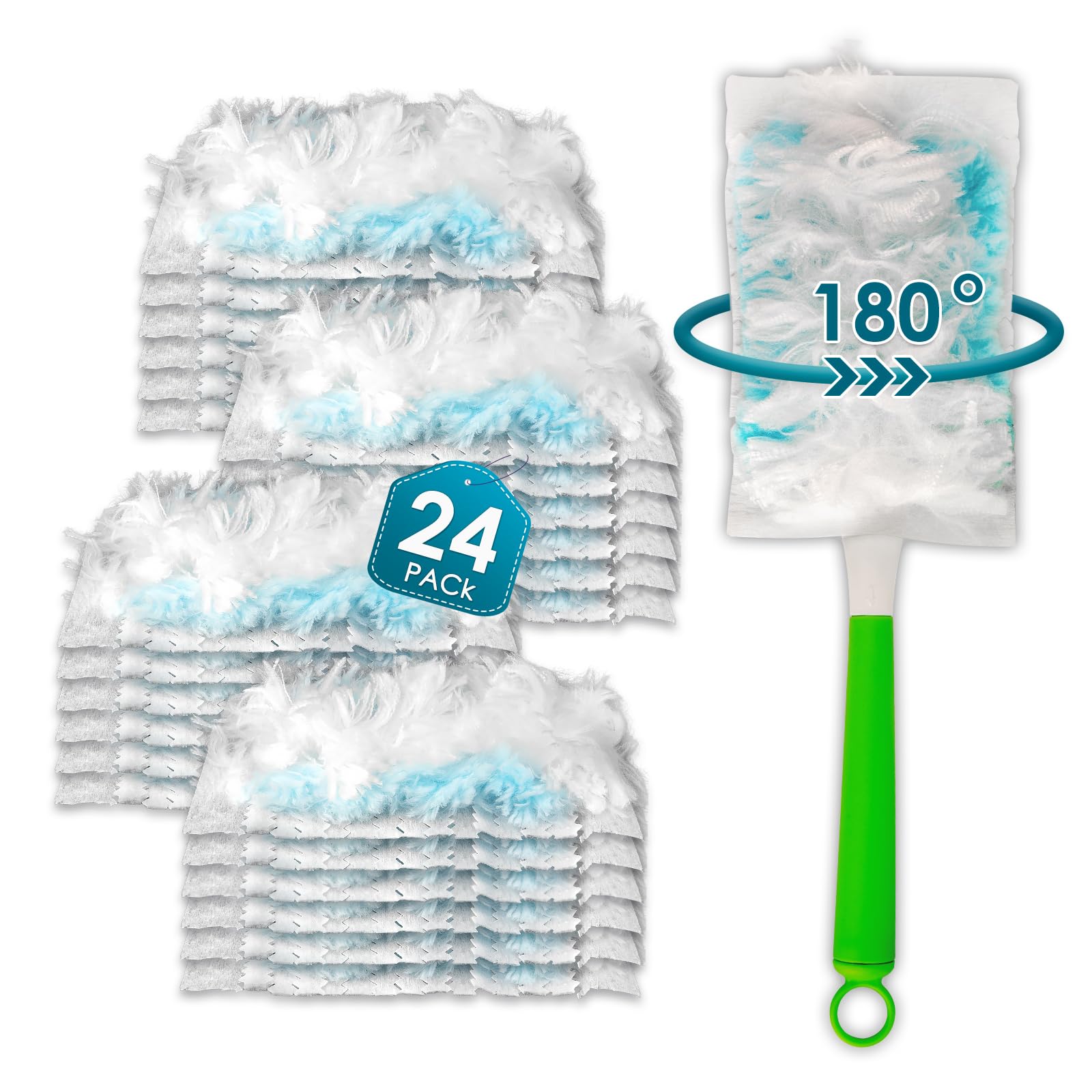 24 Count Feather Duster Refills for Swiffer Dusters Handle, 180 Degree Multi-Surface Duster Refill Kit with 1 Extra Handle, Disposable Dust Removal Brush Heads for Electronics Furniture, Car Interior