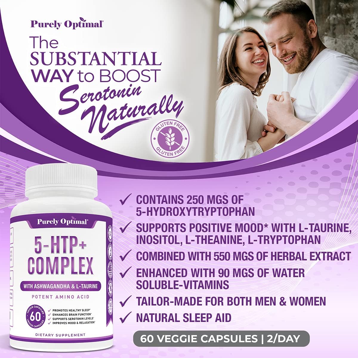 Premium 5-HTP Plus Supplement 250mg Maximum Strength - Sleep Aid, Mood Boost, Promotes Calm & Relaxation, Stress Management Support - Enhanced with Vitamin B6, Gluten Free, Non-GMO, 60 Veggie Caps : Health & Household