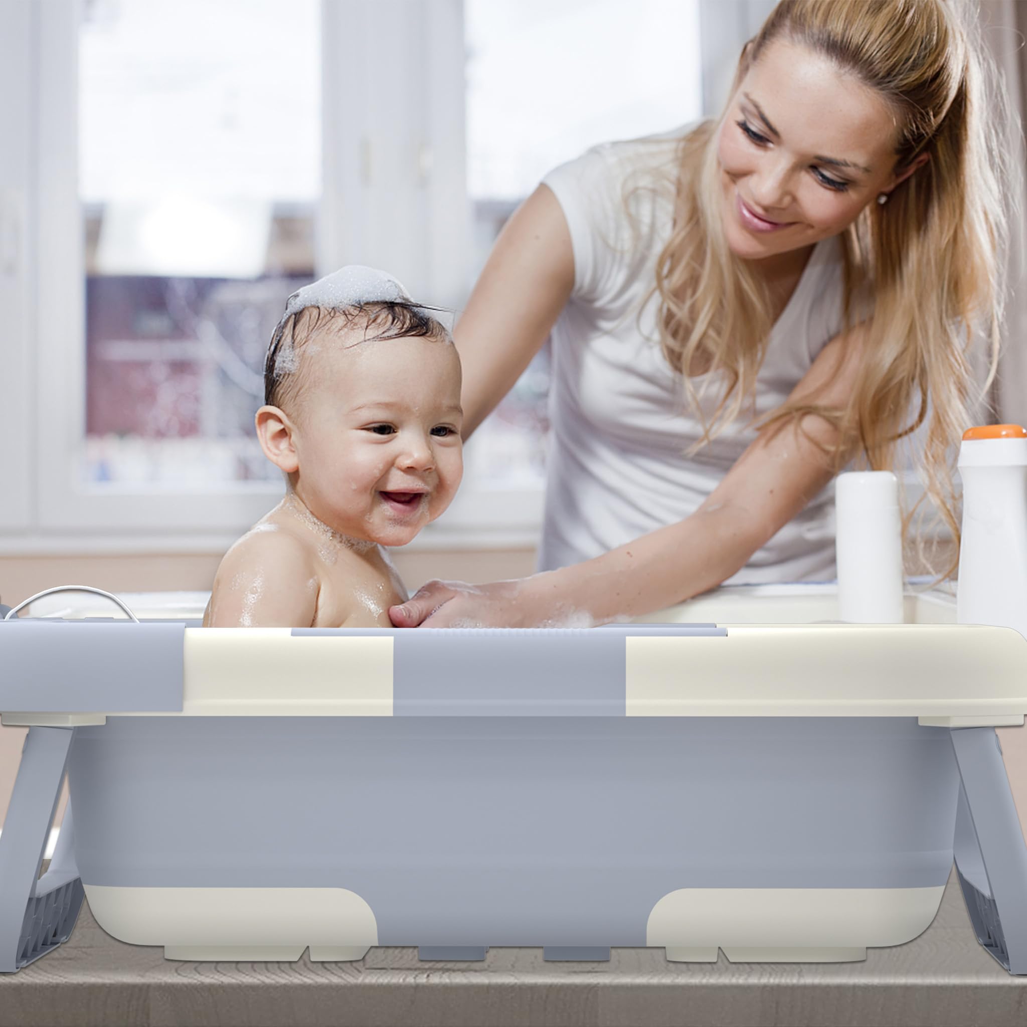 FIVMEN Vasca da bagno pieghevole con struttura, termometro e cuscino da bagno, antiscivolo, portatile, per neonati, colore: blu chiaro