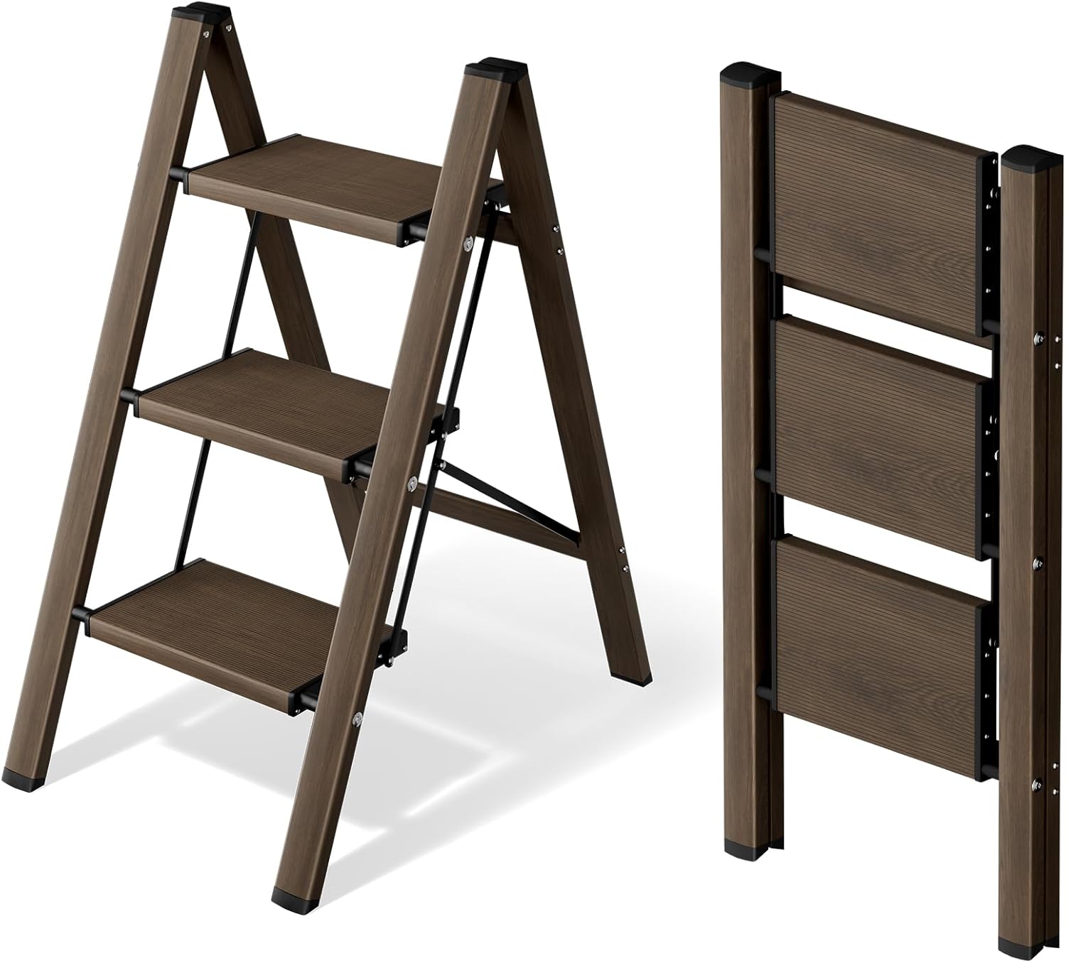 3 Step Ladder,Aluminum Folding Step Stool for Adults,Step Ladder with Wide Anti-Slip Pedal,330 lbs Capacity for Home,Office,Kitchen,Library(Walnut) Walnut 3 Step