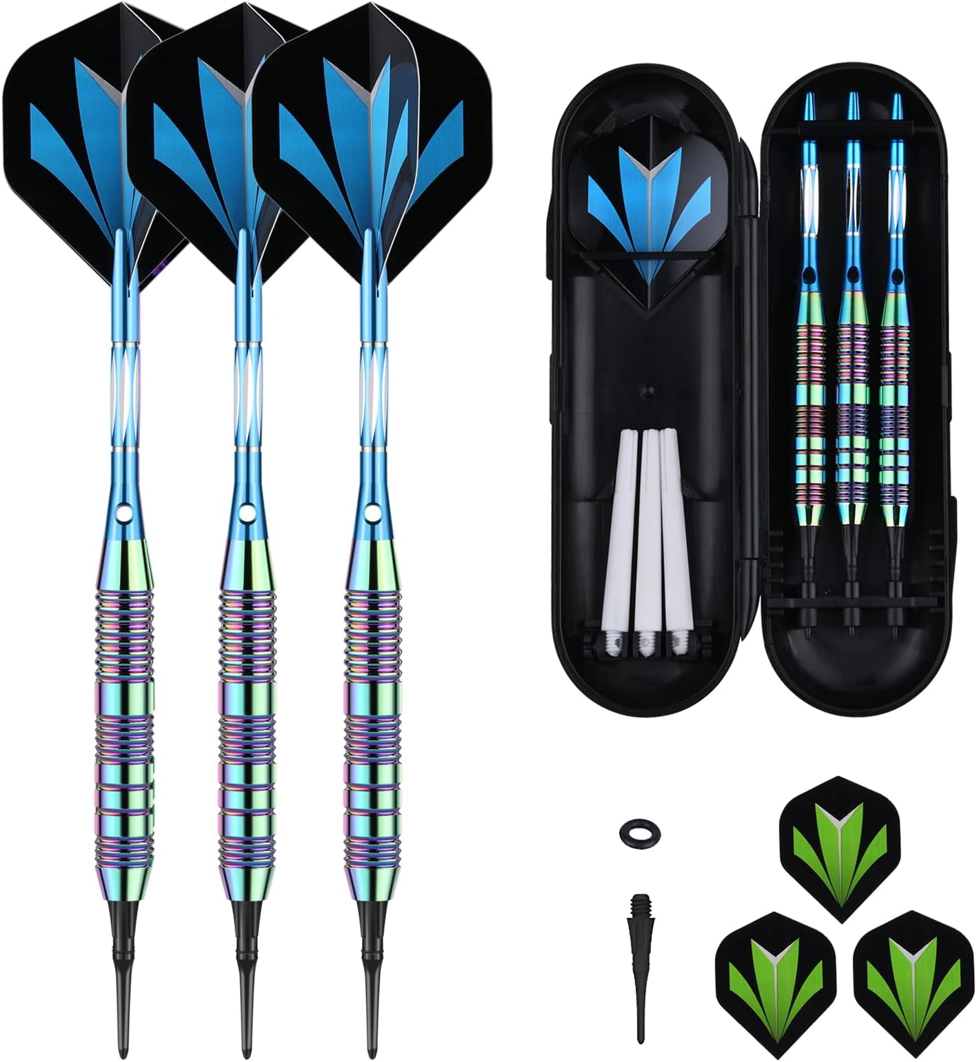 Darts Plastic Tip Set - 18g 21g Colorful Rainbow Soft Tip Darts 50 Anti-Loose O-Rings 6 Shaft (Aluminum/Nylon 45mm) 6 Durable Flights Extra 50 Soft Tips Electronic Dartboard