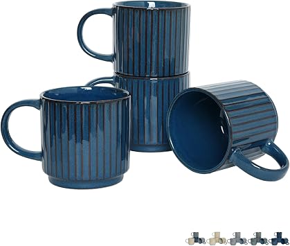 Bosmarlin Stackable Ceramic Coffee Mug Set of 4, 16 Oz, Coffee Cups, Microwave Safe, Unique Reactive Glaze Prussian Blue, 16 Oz