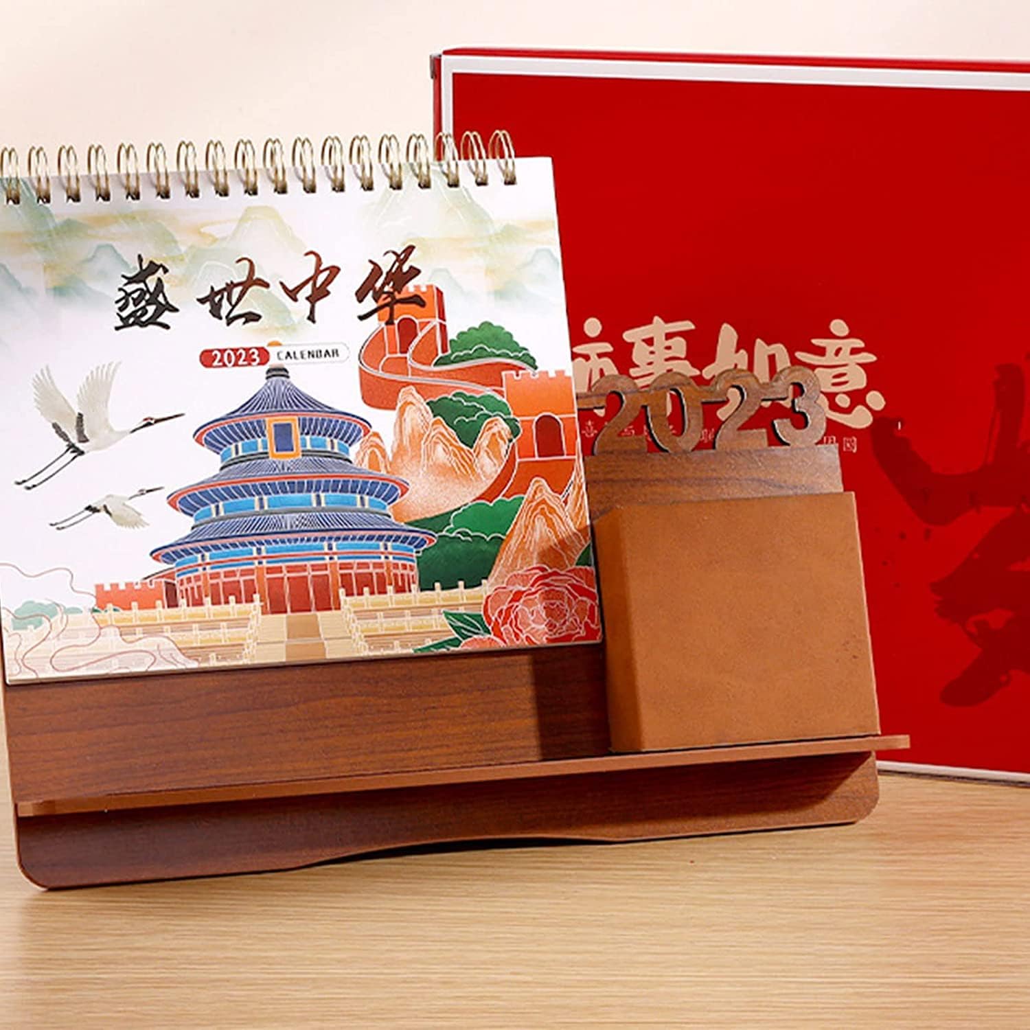 学用品 クリエイティブカレンダー、木製ベースの立ちフリップデスクトップカレンダー、ペンホルダーセット、電話ホルダー、卓上カレンダー2