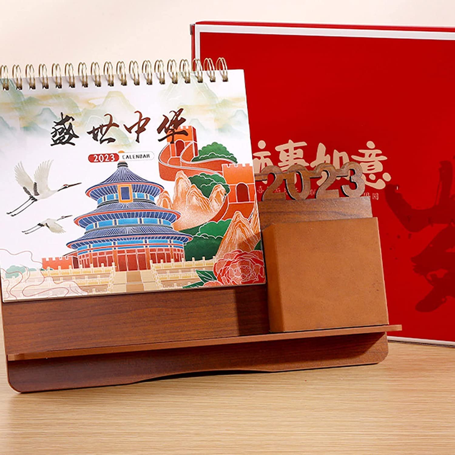 OLOTU Kalender Kreativer Kalender, Stehender Flip-Desktop-Kalender mit Holzsockel, Stifthalter-Set, Telefonhalter, Tischkalender 2023 Geplant