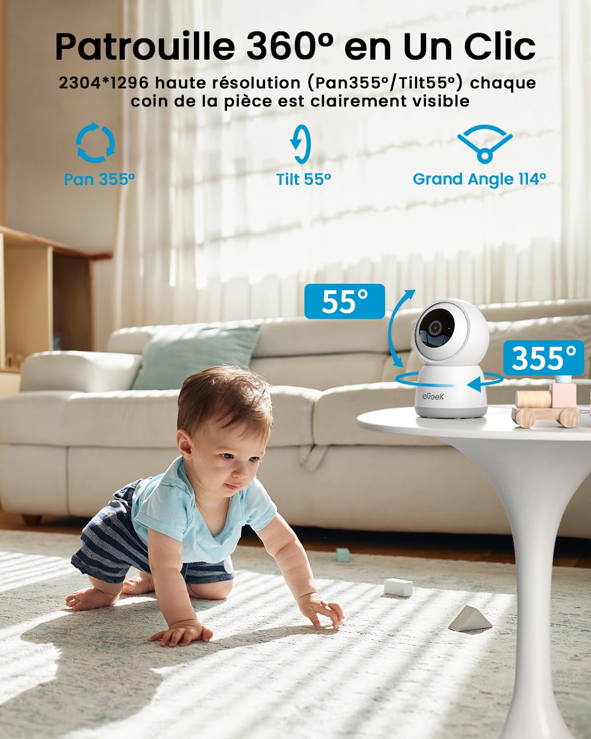 ieGeek 2 Pièces 2K Caméra Surveillance WiFi Intérieur 360° - Camera IP avec Double WiFi (2.4G/5GHz), Détection AI/PIR, Suivi Automatique, Compatible Alexa pour Chien/Bébé/Maison, SC1