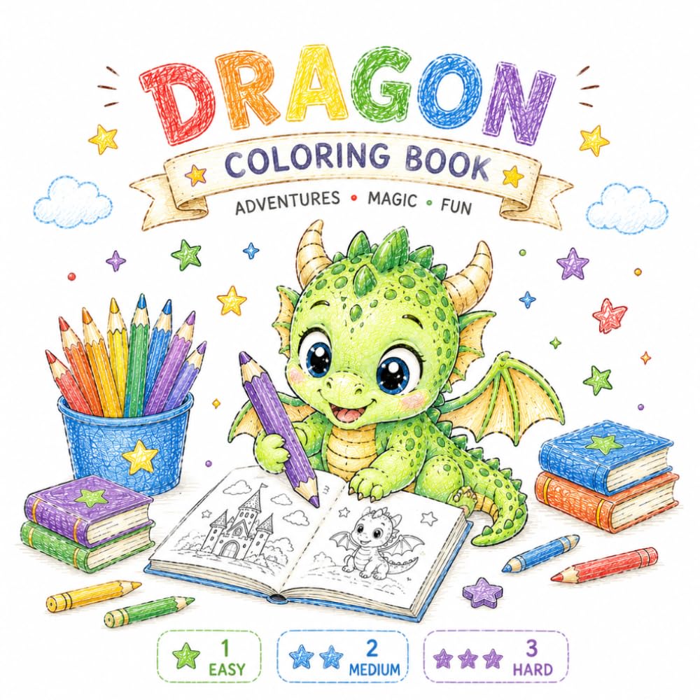 Cute Dragon Coloring Book for Kids: Fun Fantasy Coloring Pages with Cute Baby Dragons, Magical Adventures, and Easy-to-Hard Designs