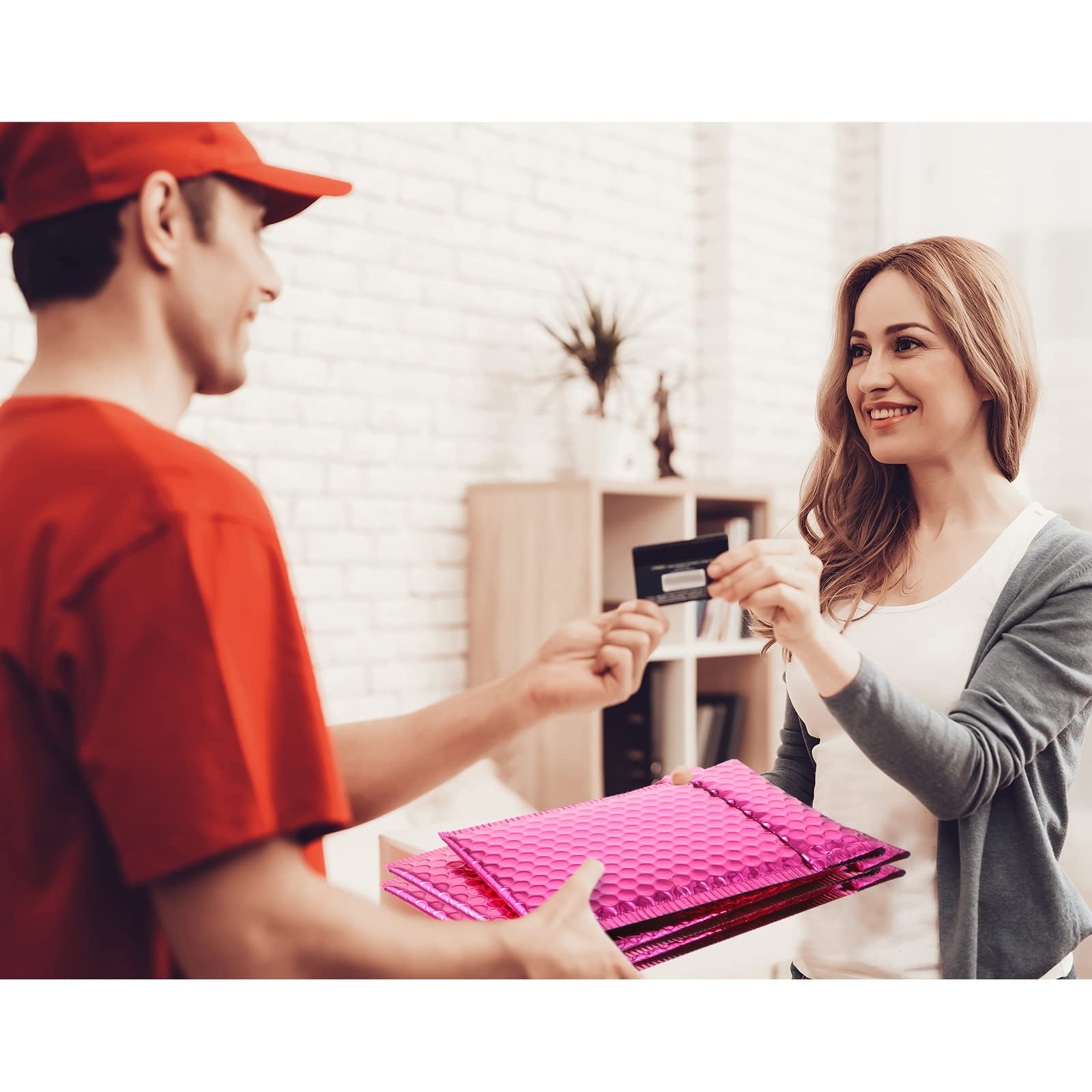 50 buste imbottite metallizzate con bolle per spedizione, buste in polietilene con glitter imbottite, buste adesive con chiusura adesiva, per spedizioni di imballaggio (rosa rosso)