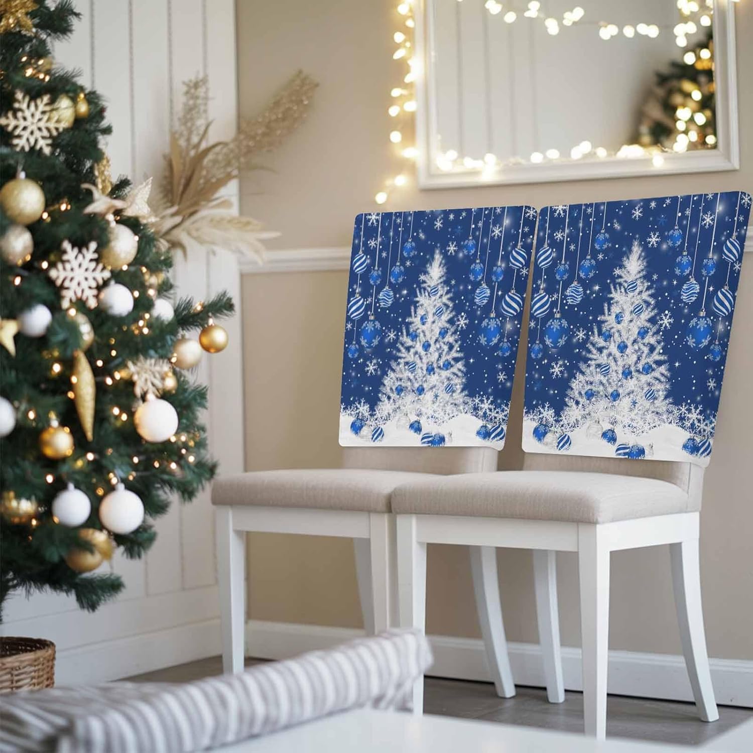 Navy Blue Christmas Tree Chair Back Covers for Dining Room, Xmas Balls Snowflake Linen Polyester Back Chair Protector, 4 Pcs Winter Holiday Chairs Covers for Dining Chairs Decor, 20 x 19 Inches