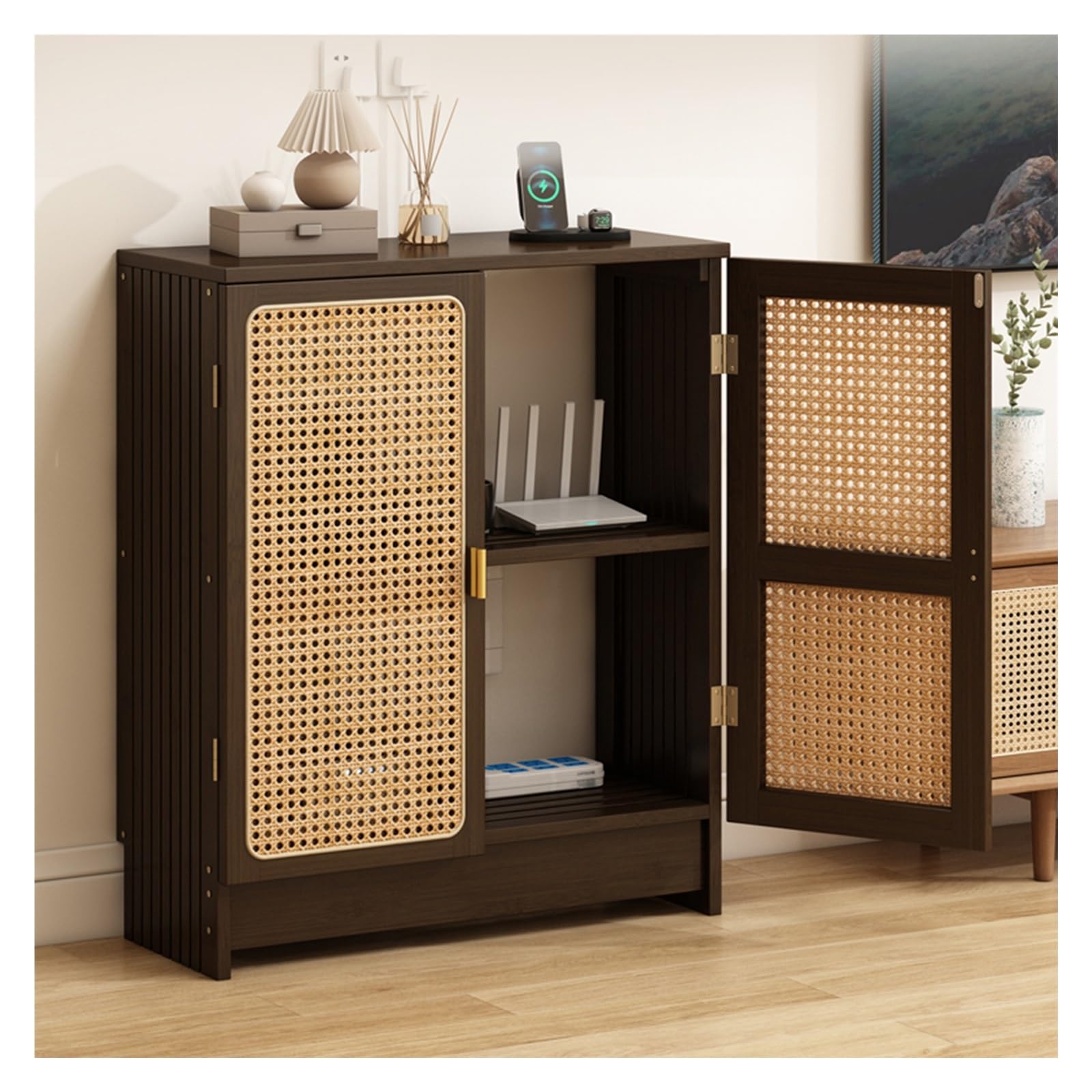 Router Wi-Fi, organizer, szafka do zarządzania kablami, do domu, biura, regulowane półki, stojąca, brązowa, 70 x 25 x 70 cm