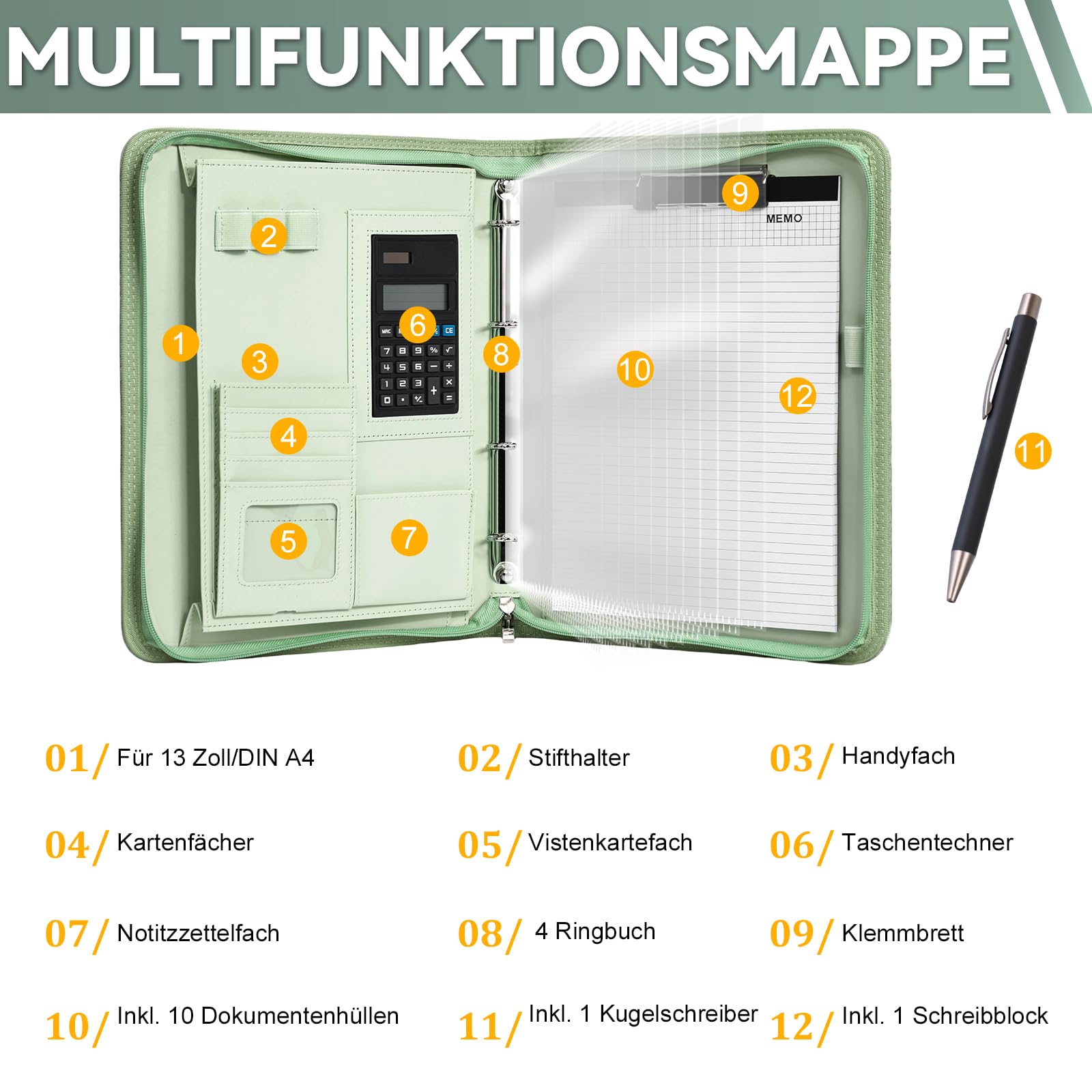 Leathario Konferenzmappe a4 mit Reißverschluss,Schreibmappe a4 mit 10 Dokumentenhüllen,Business Arbeitsmappe mit 4 Ringbuch，Veganes Leder Mappe für Meetings,Behördengänge,Studium,Bewerbungsgespräche