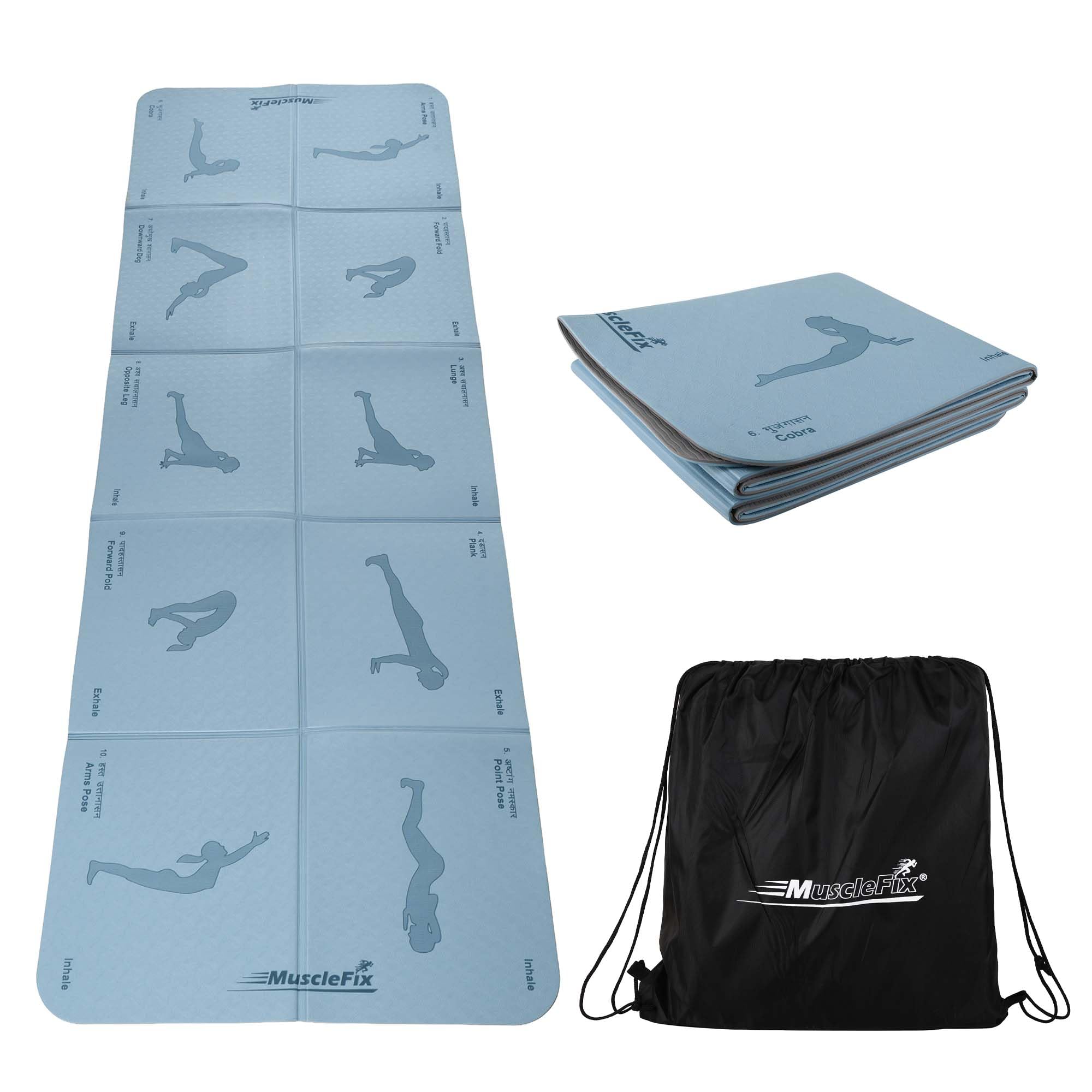 Premium Anti Skid Yoga Mat with Printed Surya Namaskar Pose Guide & Carry Bag | 6mm Eco-Friendly Non-Slip Exercise Mat | 100% Natural Rubber Base | Sweat Resistant for Pilates, Meditation, Stretching, Fitness & Home Gym | 182 x 66 cm (Blue)-image-33