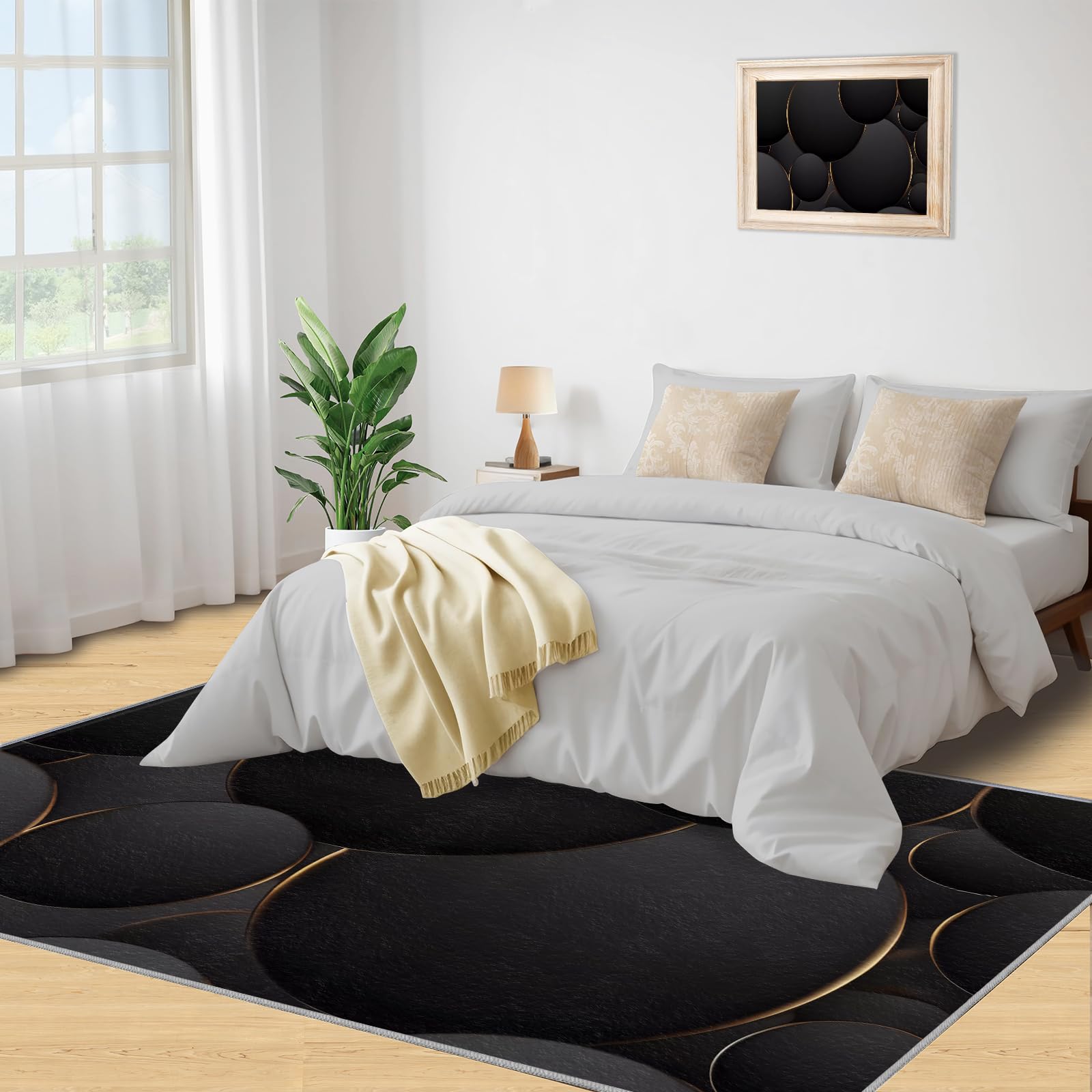 Tapis de sol 70 x 140 cm, motif géométrique noir nordique, lignes circulaires simples en relief doré pour salon, chambre à coucher, balcon, planchers en bois dur