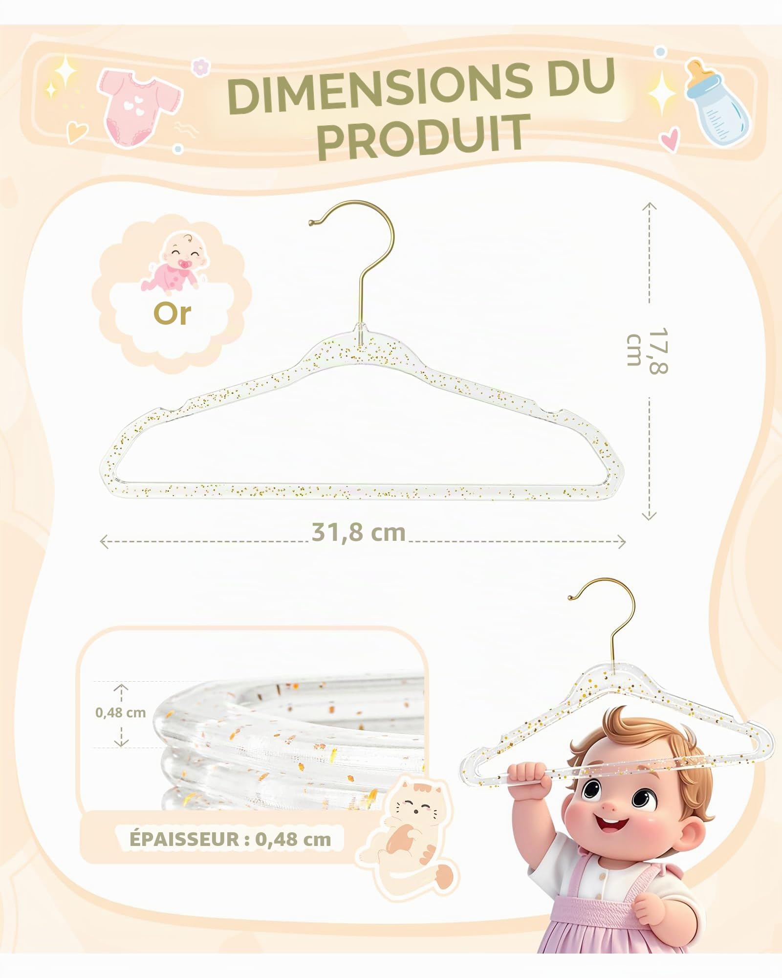 WJWSKI Cintre Enfant, Cintre Bebe Transparent avec Petites Paillettes, Lot de 20 Cintres pour Enfants Ultra Mince et Économie d'Espace, Cintres pour Enfant avec Petites Rainures sur Les Épaules