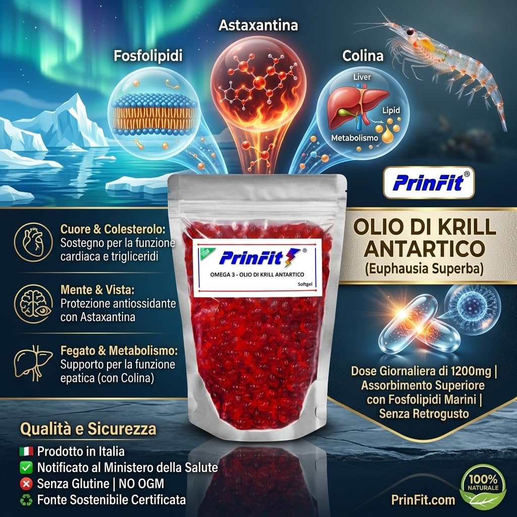 Olio di Krill Omega 3 Puro PrinFit - Ricco di Omega-3 EPA e DHA | Fonte di Fosfolipidi Marini e Astaxantina | Krill Oil 100% Naturale- Senza Retrogusto | 100 Capsule molli (softgels)