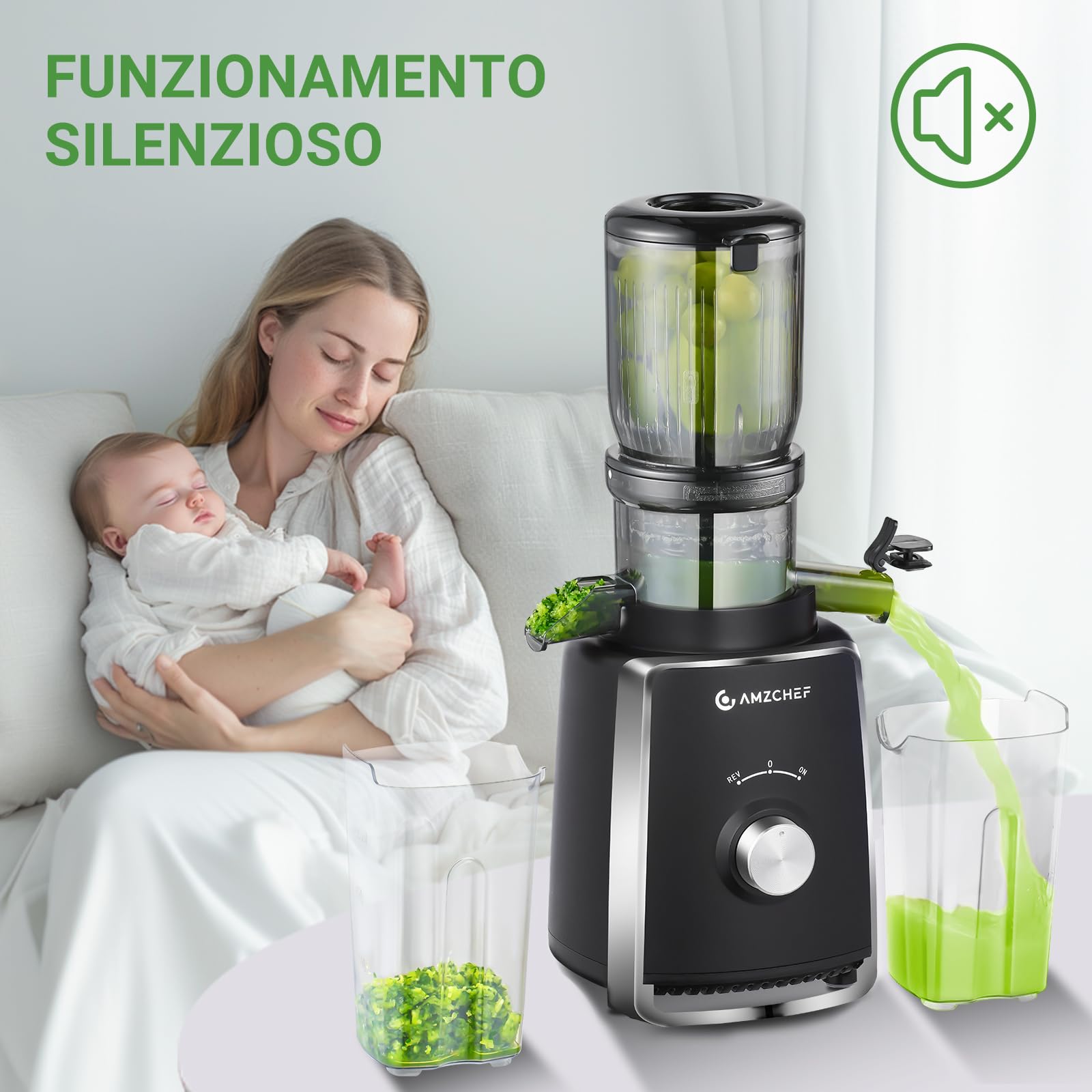 AMZCHEF Estrattore con 2 Filtri Brevettati ANTI-intasamento per Frutta e Verdura Morbida e Dura con Elevata Resa in Succo - Estrattore Frutta e Verdura con Apertura 103 mm per Frutta Intera - Nero