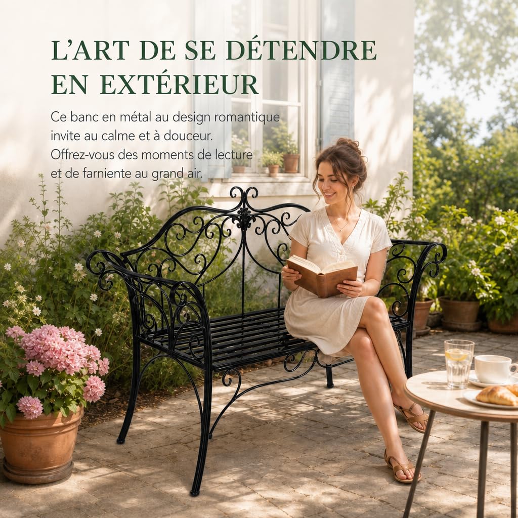 HLC Banc de Jardin pour l'extérieur 133 x 49 x 90 cm Banc Jardin rétro en métal pour 2 à 3 Personnes, idéal pour Jardin Balcon terrasse | En fer noir. Charge maximale : 200 kg. 133 x 49 x 90 cm