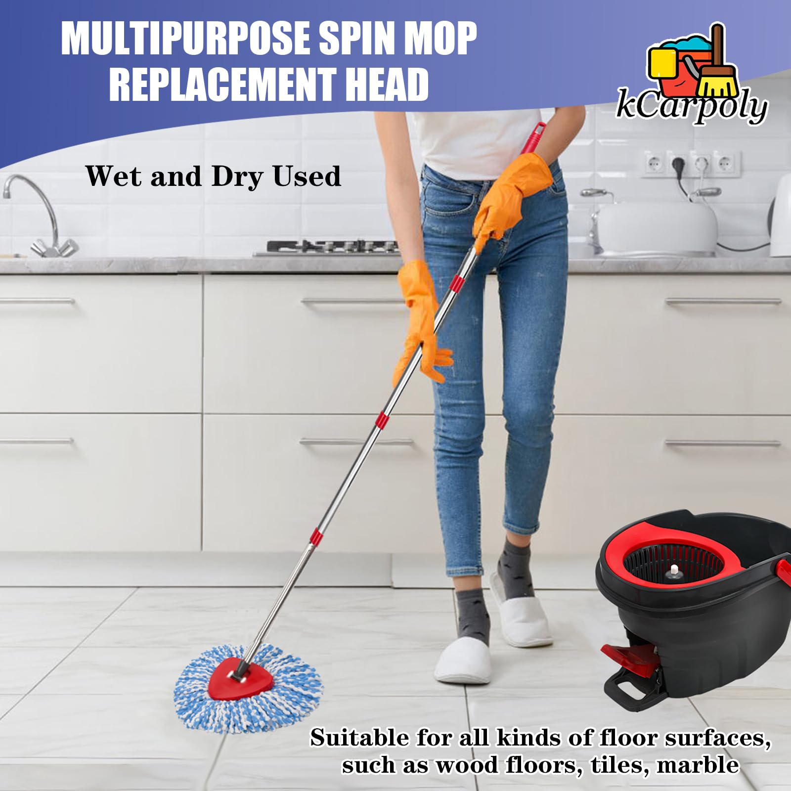 4 Pack Spin Mop Replacement Heads Compatible for O Ceda EasyWring 1-Tank Triangle System, Microfiber Mop Refills for 5.9inch Core,Deep Cleaning, Included Base and Handle