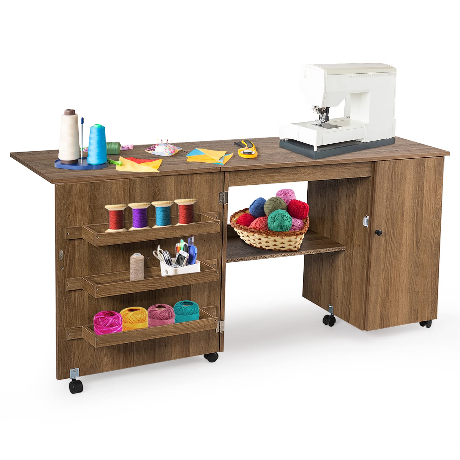 RELAX4LIFE Table de Machine à Coudre Pliable avec 4 Etagères et Armoire Latérale, Armoire à Machine à Coudre avec 6 roulettes et Freins, 158x50x74CM, Blanc/Naturel/Brun (L, Brun)