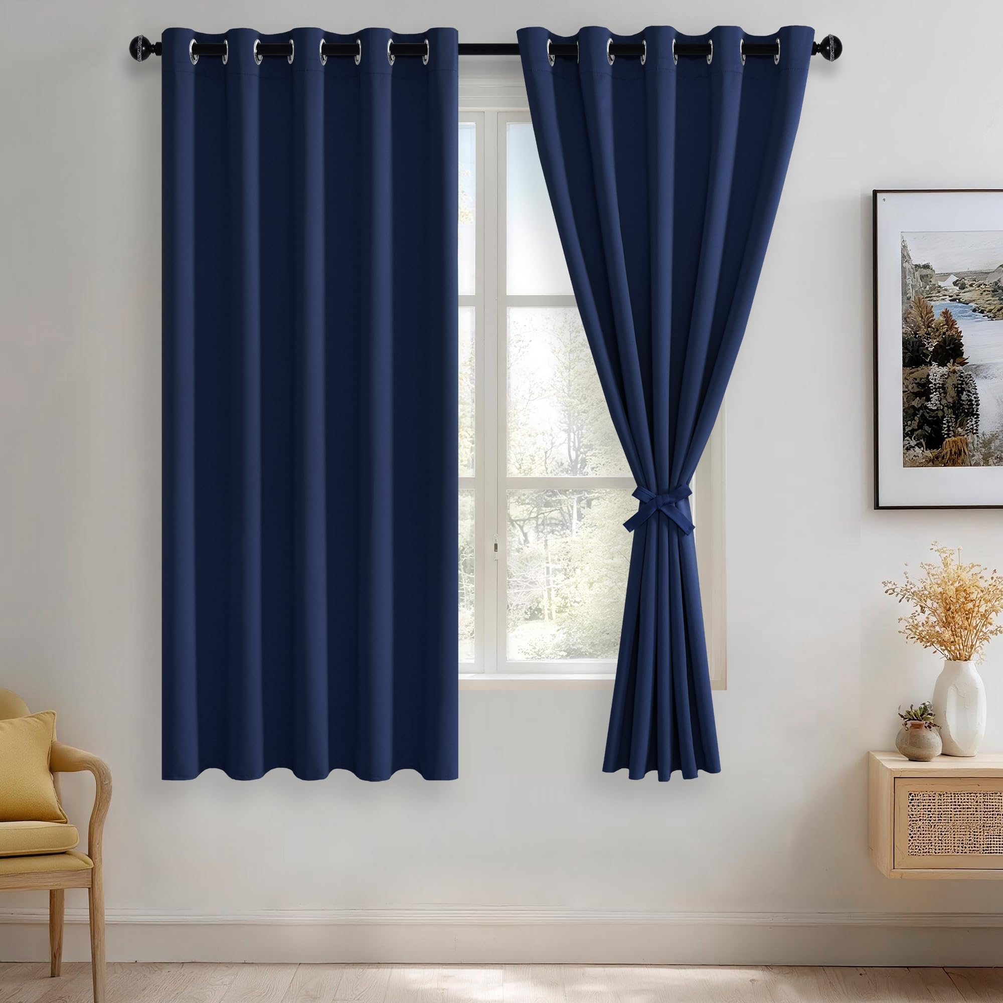 JIUZHEN Navy Blue Blackout Curtains with Tiebacks Thermal Insulated, Light Blocking and Noise Reducing Grommet Curtains for Bedroom and Living Room,
