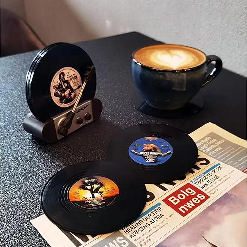 Miniatura 7 de Divertidos posavasos retro con reproductor de vinilo, juego de 6 posavasos con texto musical, bares, fiesta, cumpleaños, anfitriona de inauguración