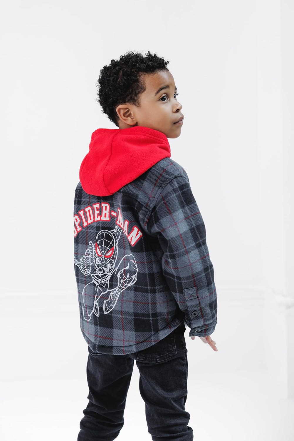 Marvel Spider-Man Plaid Flannel Hooded Shacket with Fleece Lining Toddler to Big Kid Sizes (3T - 14-16) - Image 3